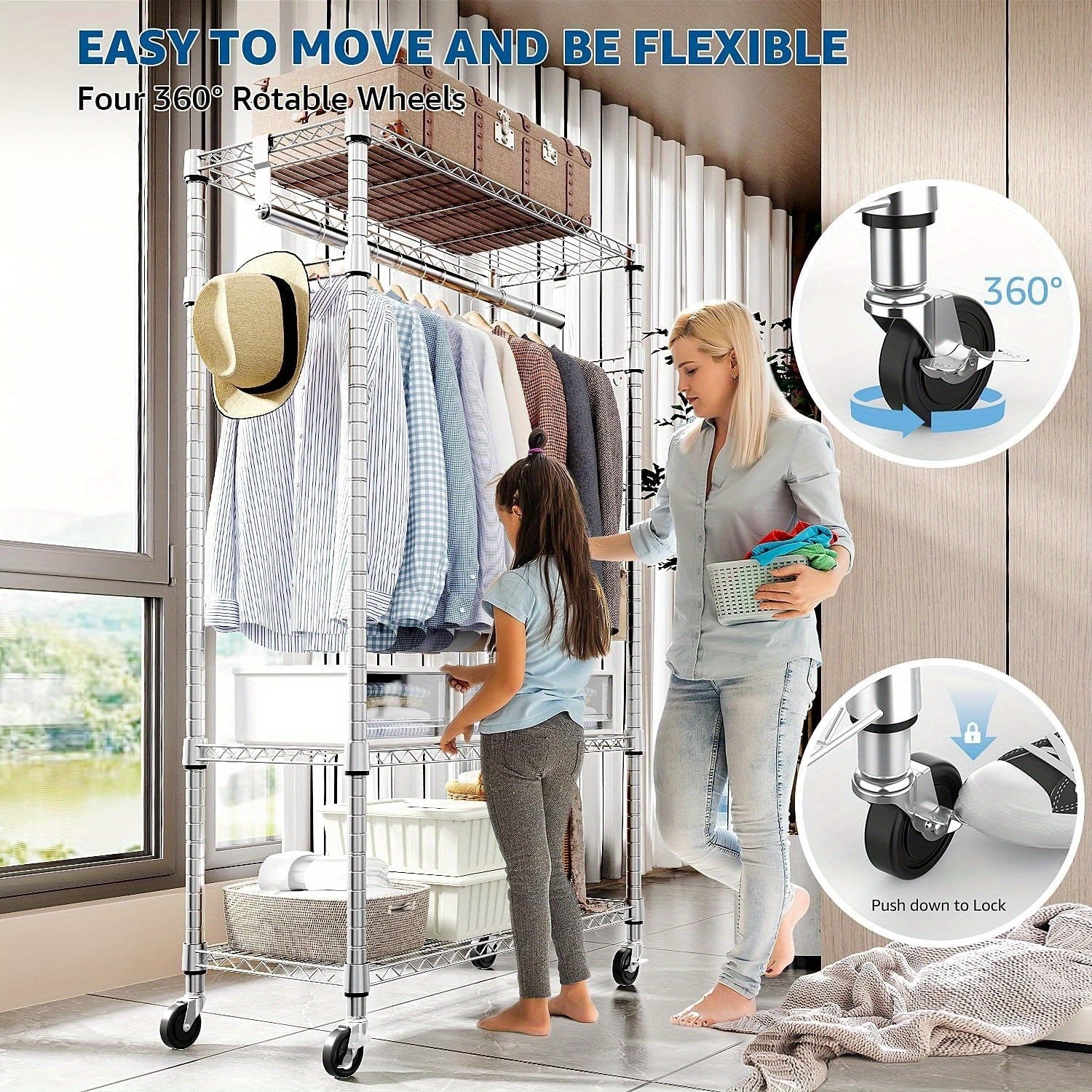 MZG Heavy Duty Rolling Garment Racks 3 Tiers Adjustable Wire Shelving Clothes Rack with Rods and Side Hooks, Storage Closet Clothing Rack with Wheels 15.7\