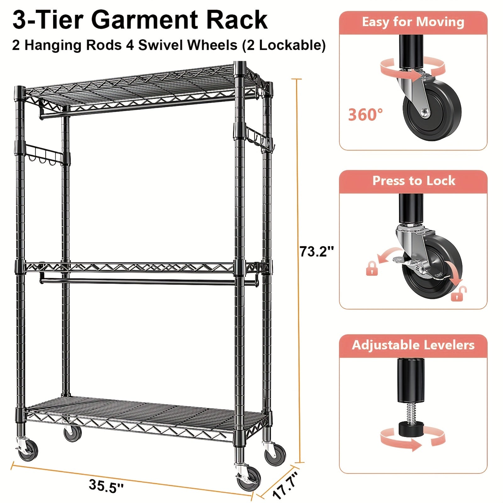 Rolling Closet Rack Heavy Duty Steel, 3-Tier 450lbs Capacity Garment Organizer, 35.4\