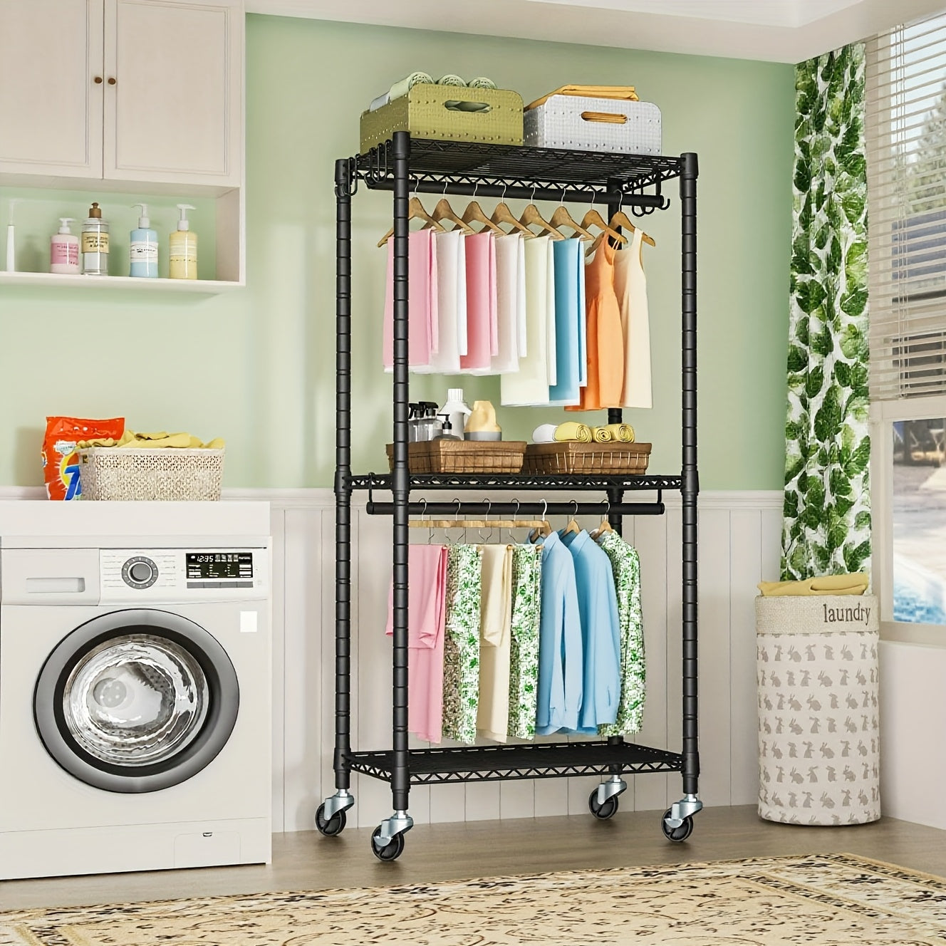 Portable Rolling Wardrobe, 3-Tier Carbon Steel Clothing Storage Rack, Featuring Double Hanging Rods, Side Hooks, And 4 Wheels (2 with Locks), with a Large Capacity Supporting Up to 450 Pounds.