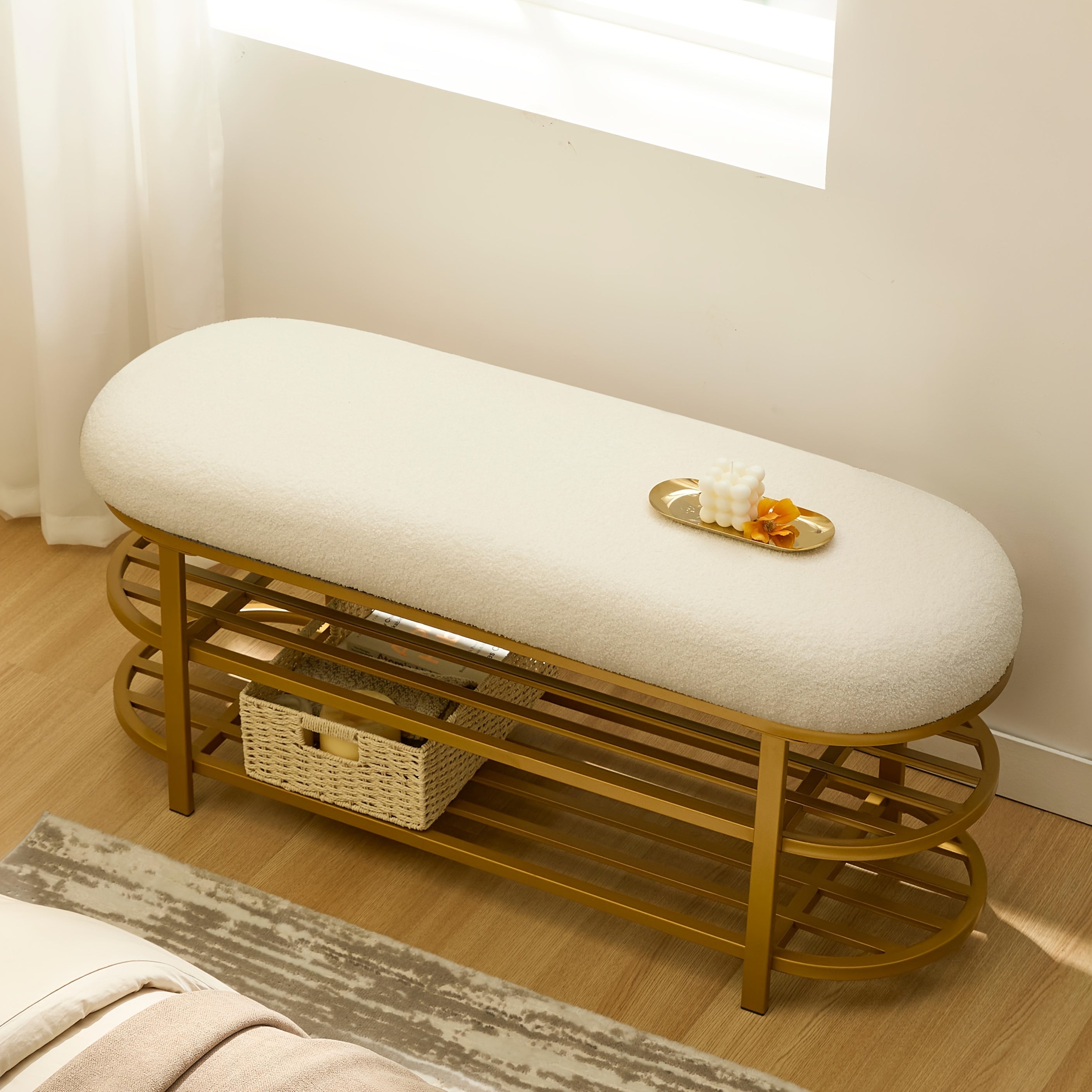 48” Shoe Rack Bench with Seat - 2-Tier & 3-Tier Storage Entryway Furniture, Padded Mid-Century Modern Bench for Hallway, Foyer, Doorway, Compact Shoe Cabinet with Cushioned Seat (No Wood, Easy Assembly)