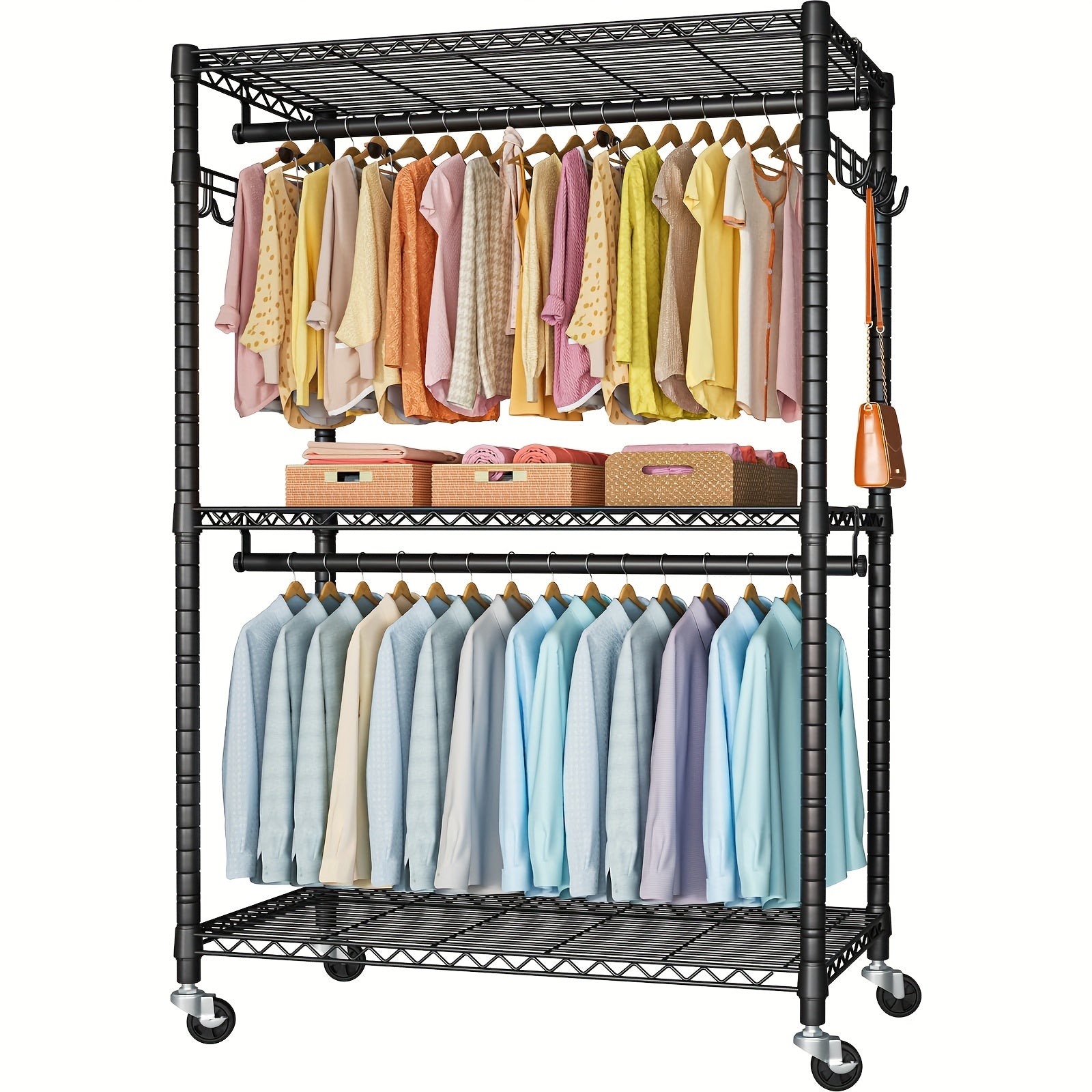 Rolling Closet Rack Heavy Duty Steel, 3-Tier 450lbs Capacity Garment Organizer, 35.4\