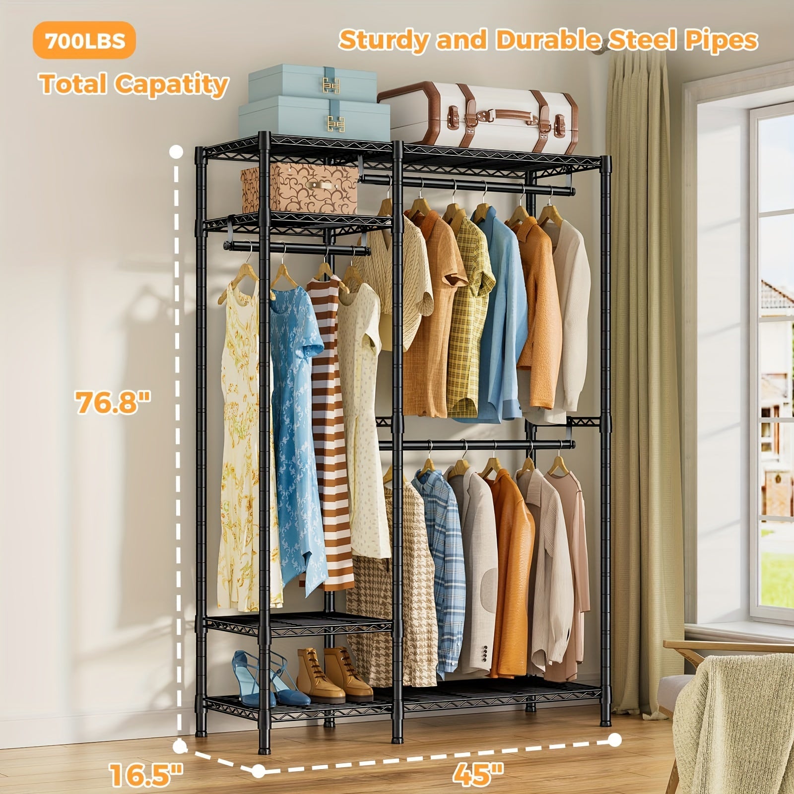 Garment Rack with Closet Organizers And Storage Shelves, Commercial Grade 4-Tier Wire Shelving Clothing Rack with Shoe Rack And 3 Closet Rods, Freestanding Wardrobe Closet for Hanging Clothes, Max Load 700LBS, Ideal for Apartments, Laundry Room