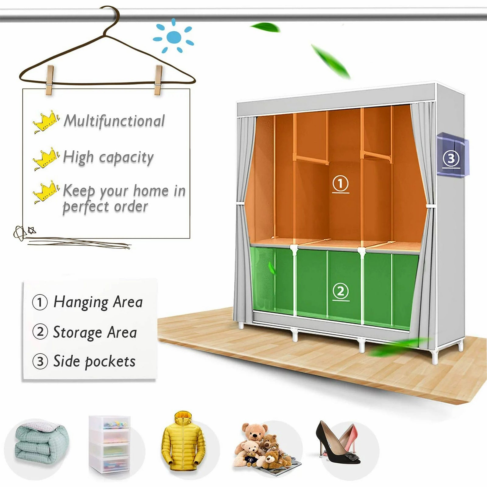 Portable Freestanding Wardrobe Closet Organizer Suitable for Clothes, & - Multifunctional Clothing Rack with Dustproof Cover, Sturdy Frame, Space-Saving Storage for Small Apartments, Dorms, Travel (Modern), Portable Closets