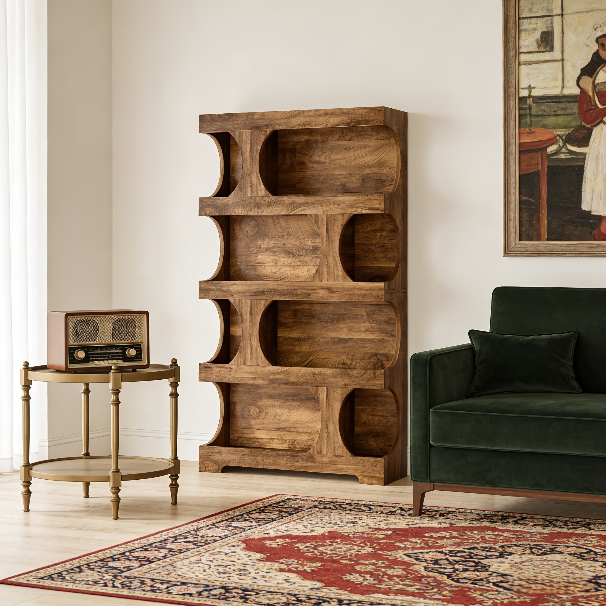 Artistic Curved Multi-Layer Bookshelf | Dual-Use Storage Shelf for Office & Home | Multi-Functional Organizer Display Rack | Brown Hardwood, 4 Shelves, Painted End, Floor Mount