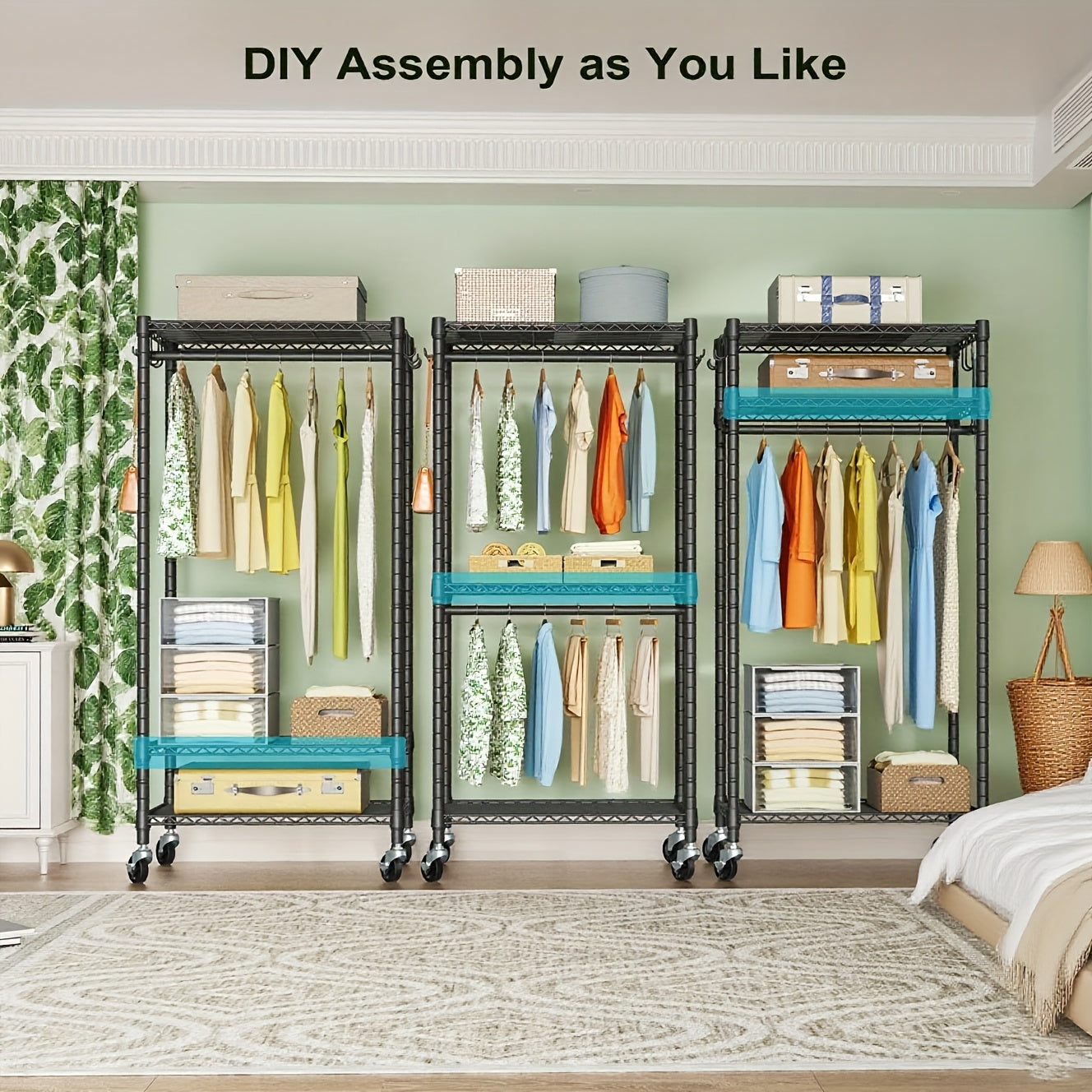Portable Rolling Wardrobe, 3-Tier Carbon Steel Clothing Storage Rack, Featuring Double Hanging Rods, Side Hooks, And 4 Wheels (2 with Locks), with a Large Capacity Supporting Up to 450 Pounds.