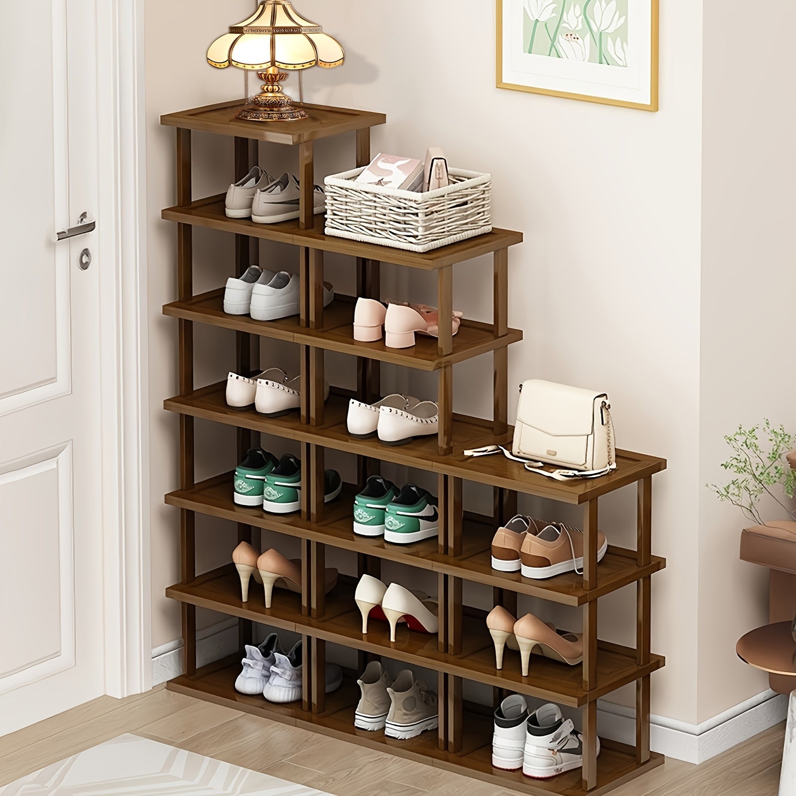17-Tier Shoe Rack Organizer, Entryway Shoe Rack- Multi-Tier Narrow Shoe Organizer Home, Space-Saving, Easy To Assemble& Stackable, Wooden Brown Storage Rack Entryway, Dorm& Bedroom