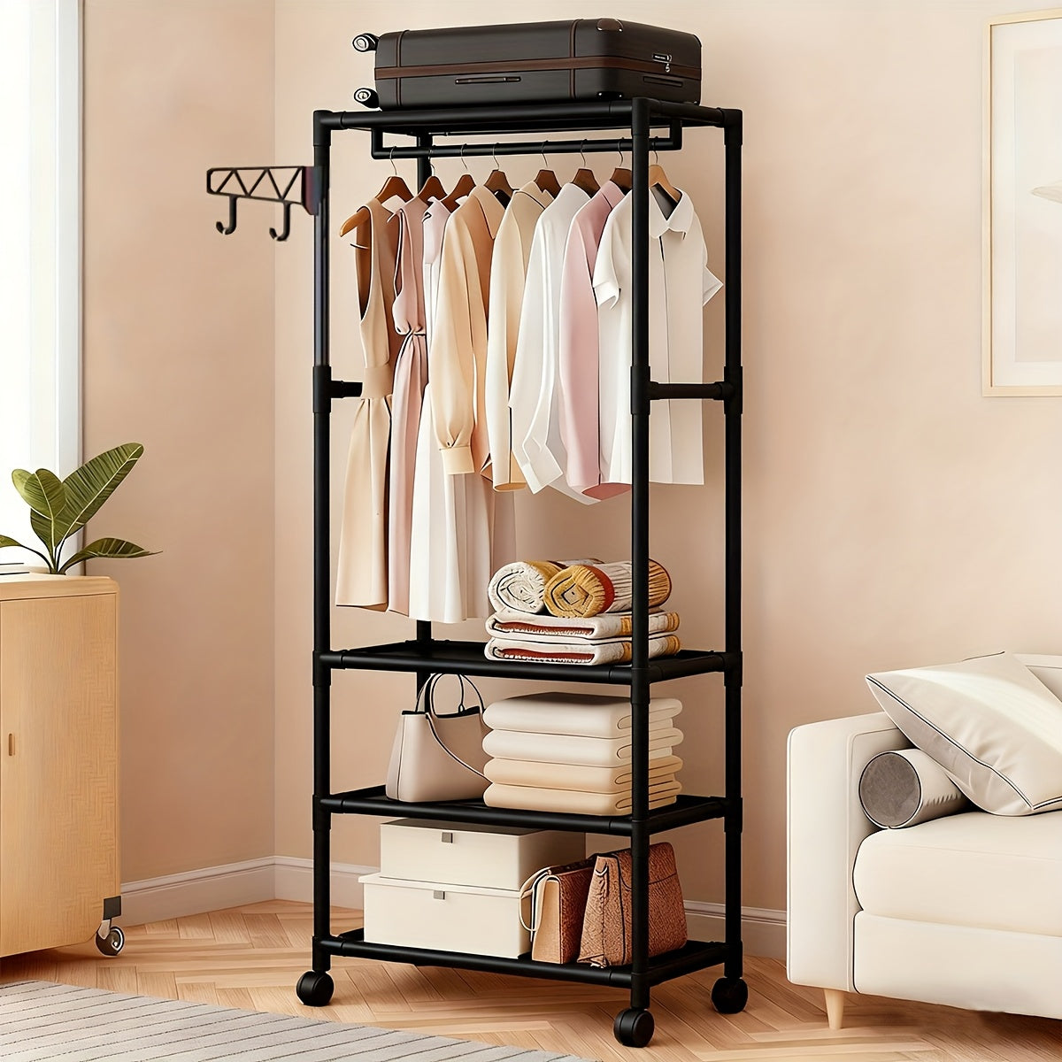 Portable Wardrobe - Multi-functional Design with Hooks, Wheels, And Reinforced Metal Frame. Black Portable Wardrobe with Universal Wheels, Suitable for Temporary Clothing Storage In Bedrooms And Space Utilization for Renters., Portable Closets