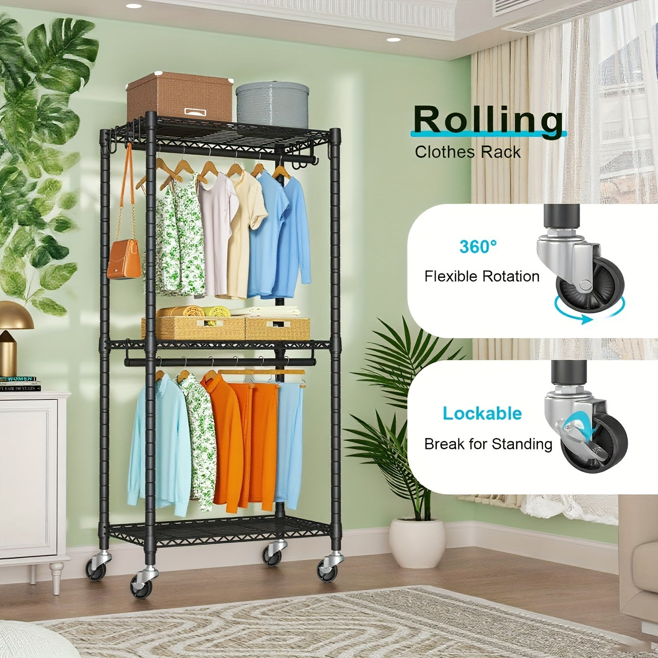 Portable Rolling Wardrobe, 3-Tier Carbon Steel Clothing Storage Rack, Featuring Double Hanging Rods, Side Hooks, And 4 Wheels (2 with Locks), with a Large Capacity Supporting Up to 450 Pounds.