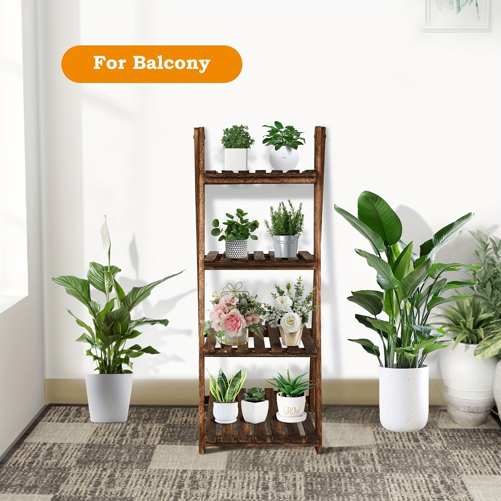 4-Tier Ladder Shelf | Wooden Plant and Bookshelf, Rustic Flower Display Rack, Brown Hardwood, Freestanding for Living Room, Office, Bedroom