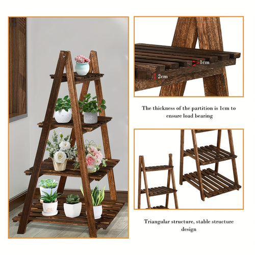 4-Tier Ladder Shelf | Wooden Plant and Bookshelf, Rustic Flower Display Rack, Brown Hardwood, Freestanding for Living Room, Office, Bedroom