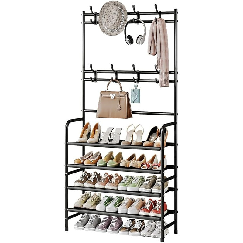SUOERNUO 4-Tier Heavy-Duty Metal Entryway Coat Rack & Shoe Rack with 8 Hooks & Storage Shelf - Freestanding Sturdy Organizer with Spacious Shelves, Space-Saving Vertical Design for Hallway, Bedroom, Closet - Easy Assembly, Modern Finish, Standing