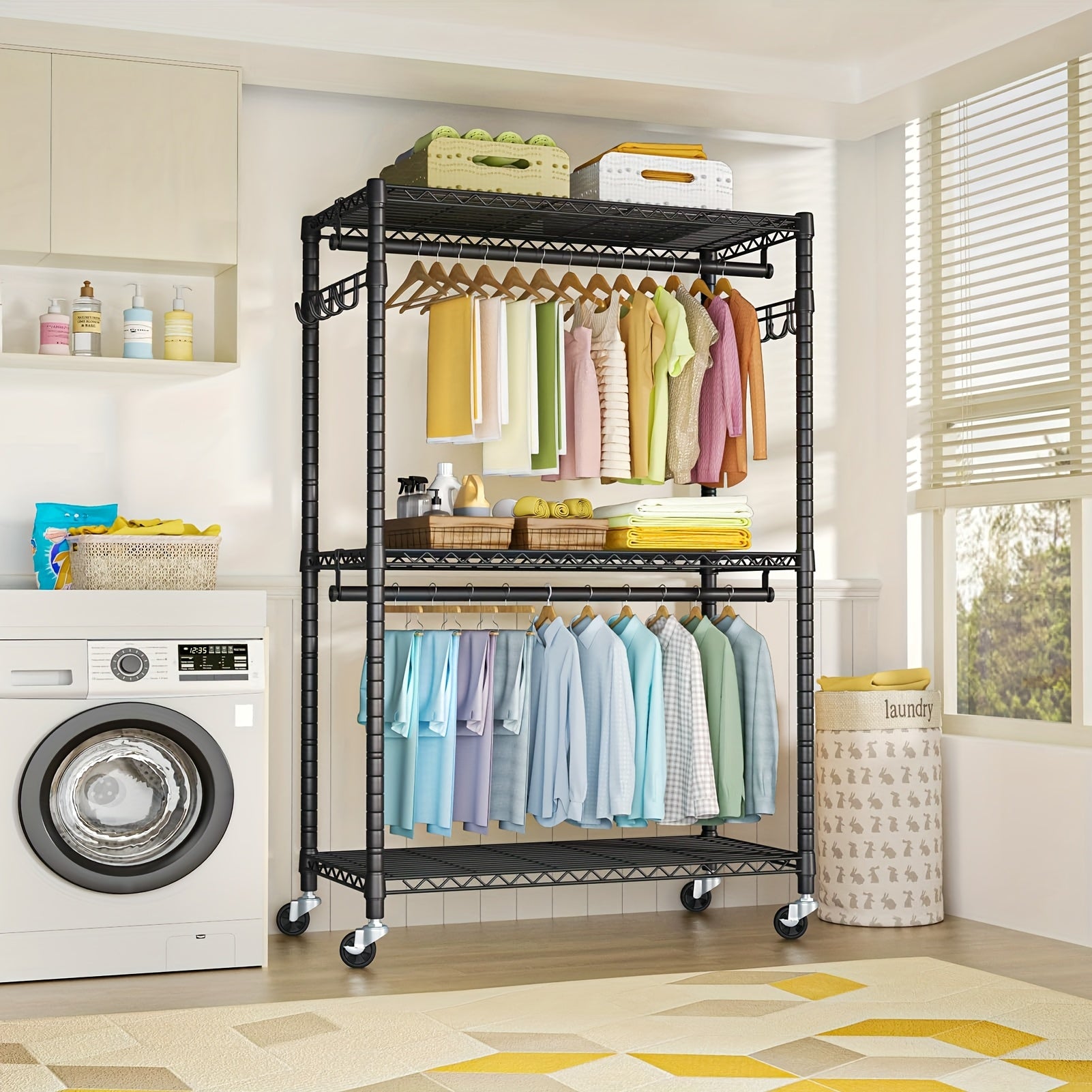 Rolling Closet Rack Heavy Duty Steel, 3-Tier 450lbs Capacity Garment Organizer, 35.4\