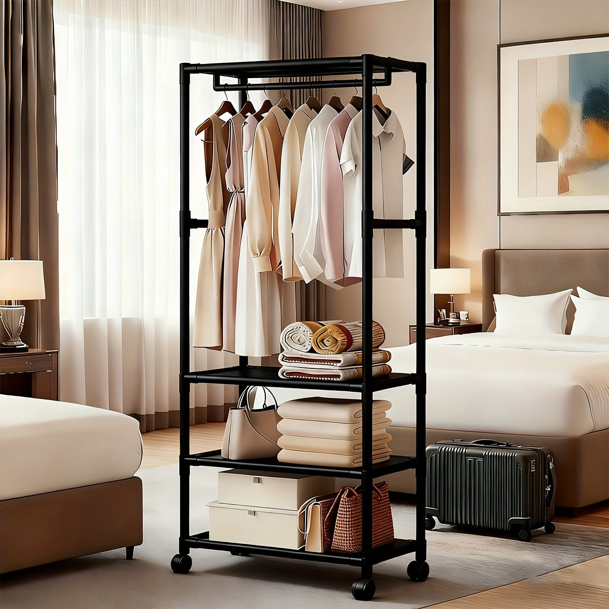 Portable Wardrobe - Multi-functional Design with Hooks, Wheels, And Reinforced Metal Frame. Black Portable Wardrobe with Universal Wheels, Suitable for Temporary Clothing Storage In Bedrooms And Space Utilization for Renters., Portable Closets