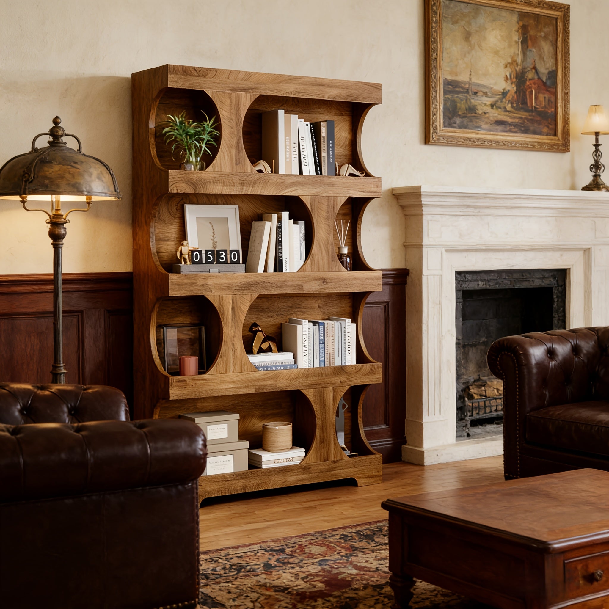 Artistic Curved Multi-Layer Bookshelf | Dual-Use Storage Shelf for Office & Home | Multi-Functional Organizer Display Rack | Brown Hardwood, 4 Shelves, Painted End, Floor Mount