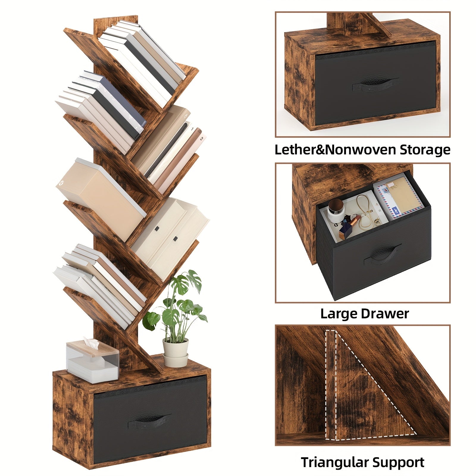 TOMNK 6-Tier Bookshelf Featuring a Drawer, Tree-Shaped Book Storage, Ideal for Organizing Cds, Movies, And Books, Rustic Brown Finish, Offers Excellent Stability And Longevity, Suitable for Living Rooms, Bedrooms, Home Decoration, Assembly