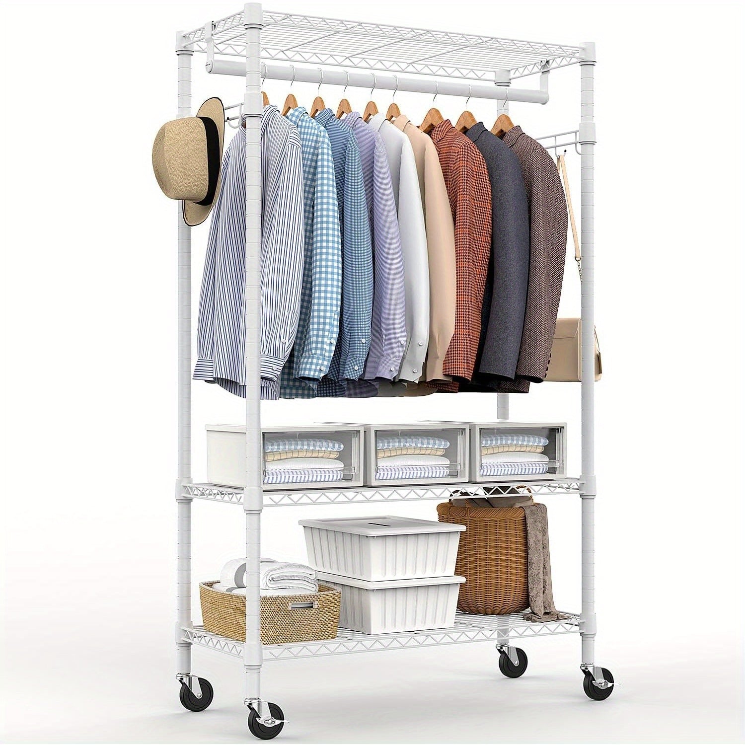 MZG Heavy Duty Rolling Garment Racks 3 Tiers Adjustable Wire Shelving Clothes Rack with Rods and Side Hooks, Storage Closet Clothing Rack with Wheels 15.7\