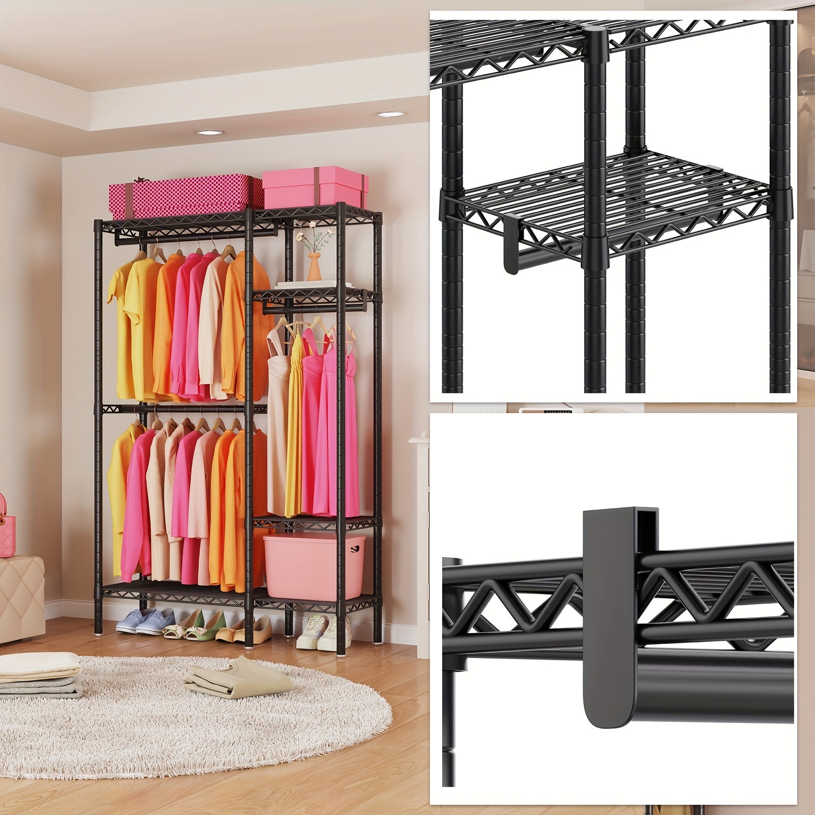 Garment Rack with Closet Organizers And Storage Shelves, Commercial Grade 4-Tier Wire Shelving Clothing Rack with Shoe Rack And 3 Closet Rods, Freestanding Wardrobe Closet for Hanging Clothes, Max Load 700LBS, Ideal for Apartments, Laundry Room