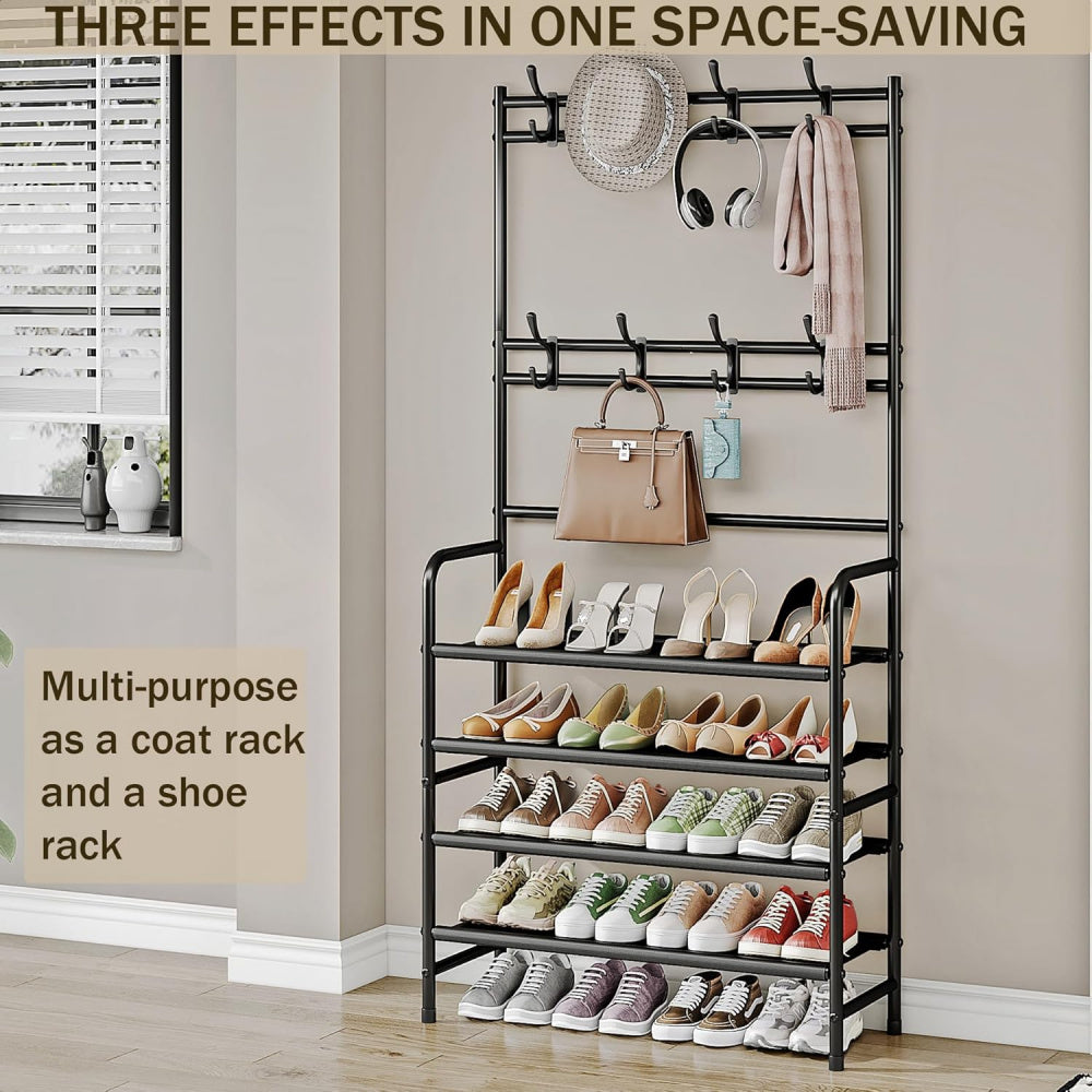 SUOERNUO 4-Tier Heavy-Duty Metal Entryway Coat Rack & Shoe Rack with 8 Hooks & Storage Shelf - Freestanding Sturdy Organizer with Spacious Shelves, Space-Saving Vertical Design for Hallway, Bedroom, Closet - Easy Assembly, Modern Finish, Standing