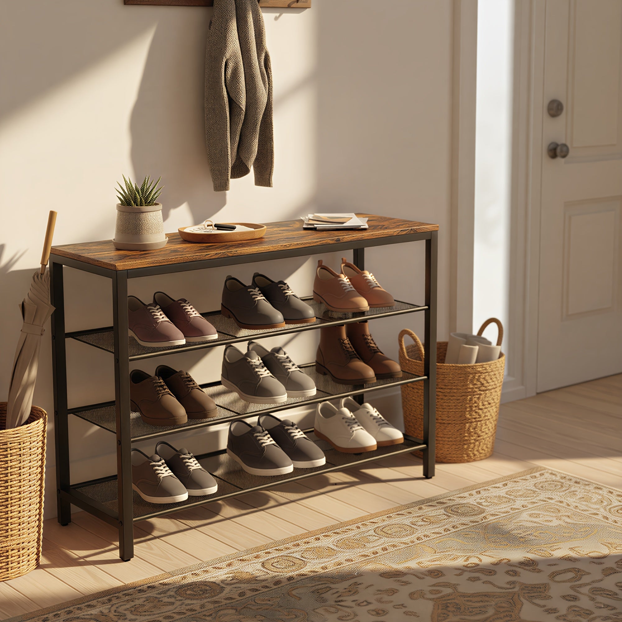 4 Tier Shoe Rack | Shoe Organizer for Closet, Entryway, Holds 16-20 Pairs, Large Capacity with 3 Metal Mesh Shelves, Floor Mount, Wood and Steel Construction by LEDREM