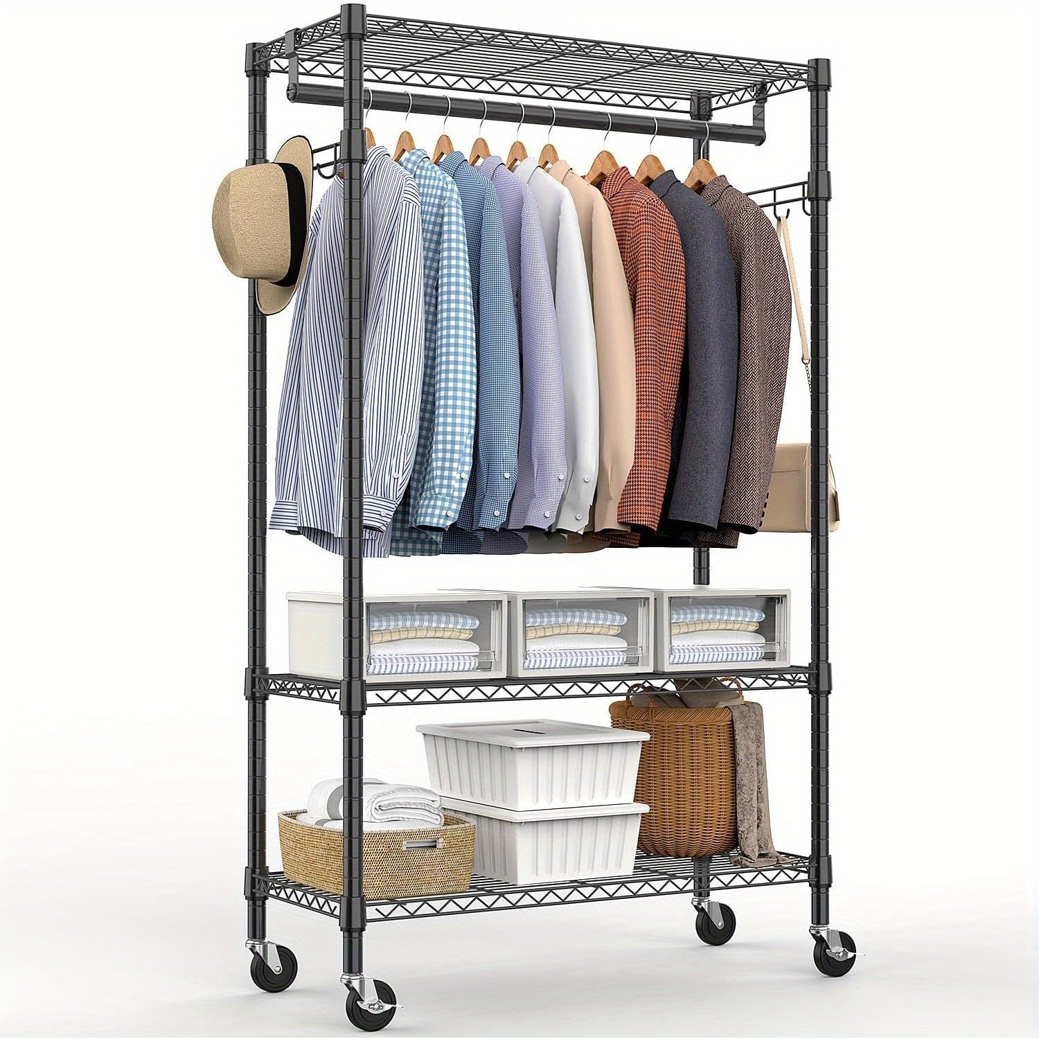 MZG Heavy Duty Rolling Garment Racks 3 Tiers Adjustable Wire Shelving Clothes Rack with Rods and Side Hooks, Storage Closet Clothing Rack with Wheels 15.7\