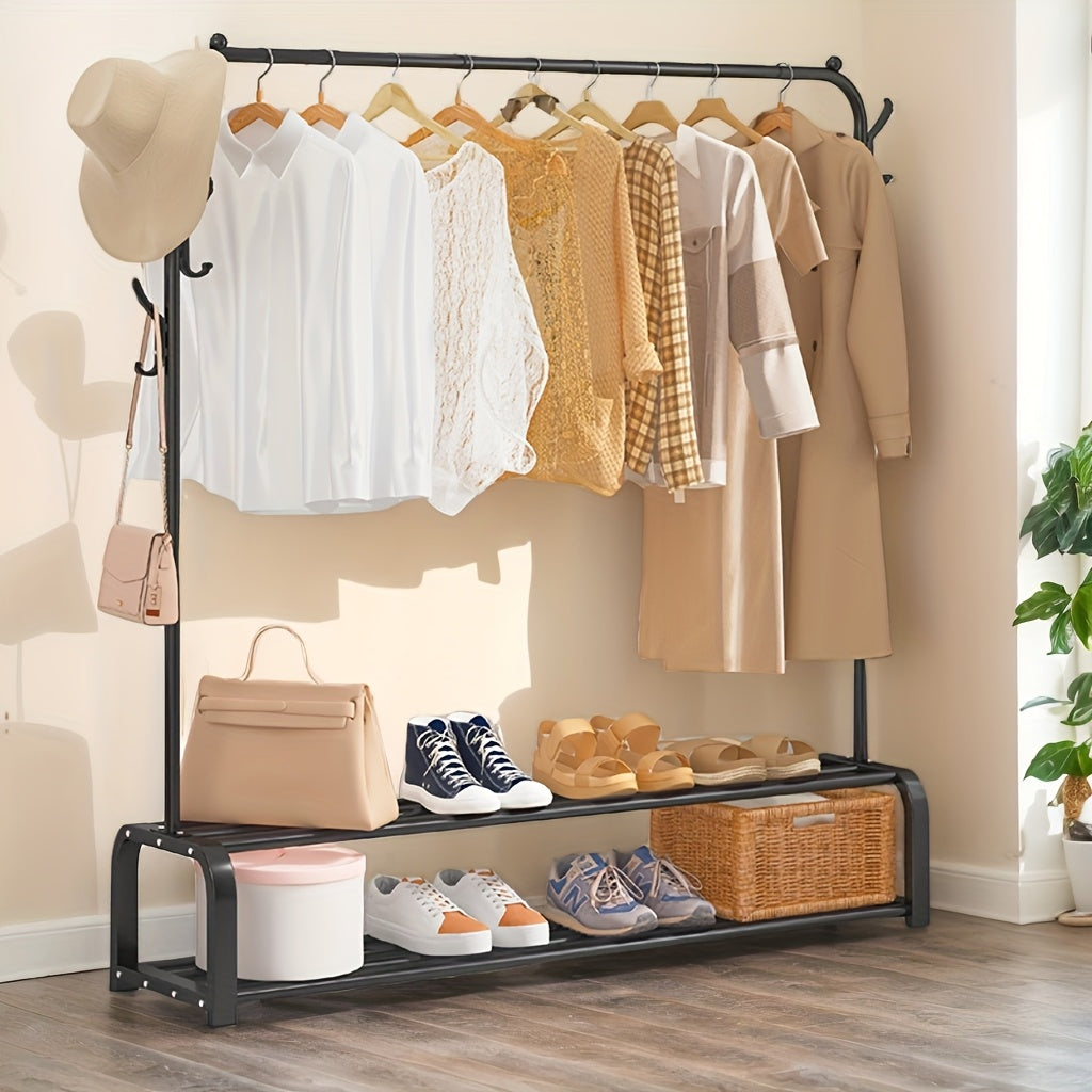 1pc Double-Layer Freestanding Clothes Hanger, Clothes Organizer Storage, Shoe Storage Organizer, Home Decor And Accessories, Saves Space, With Top Rod, Lower Storage And 6 Hooks, Father'S Day