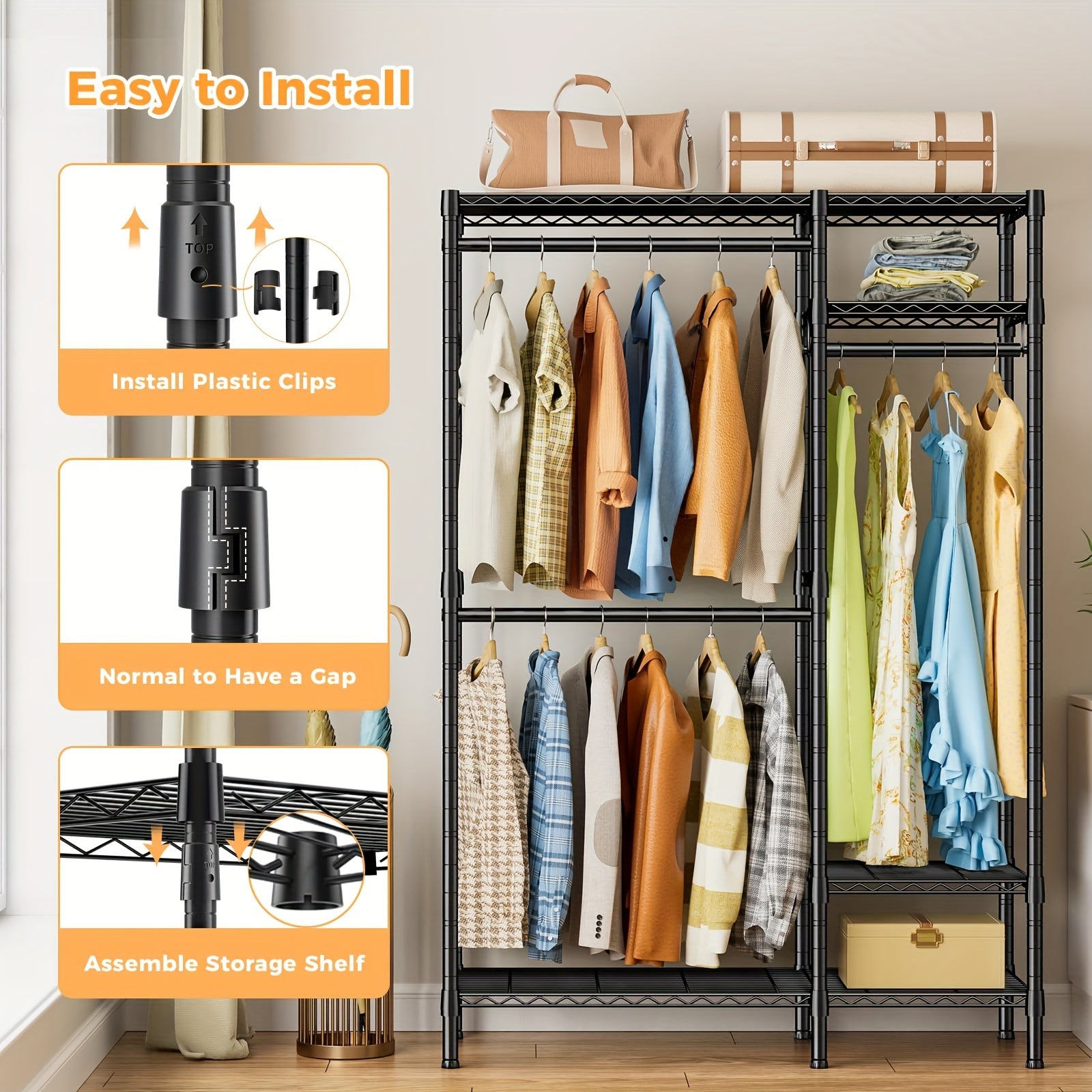 Garment Rack with Closet Organizers And Storage Shelves, Commercial Grade 4-Tier Wire Shelving Clothing Rack with Shoe Rack And 3 Closet Rods, Freestanding Wardrobe Closet for Hanging Clothes, Max Load 700LBS, Ideal for Apartments, Laundry Room