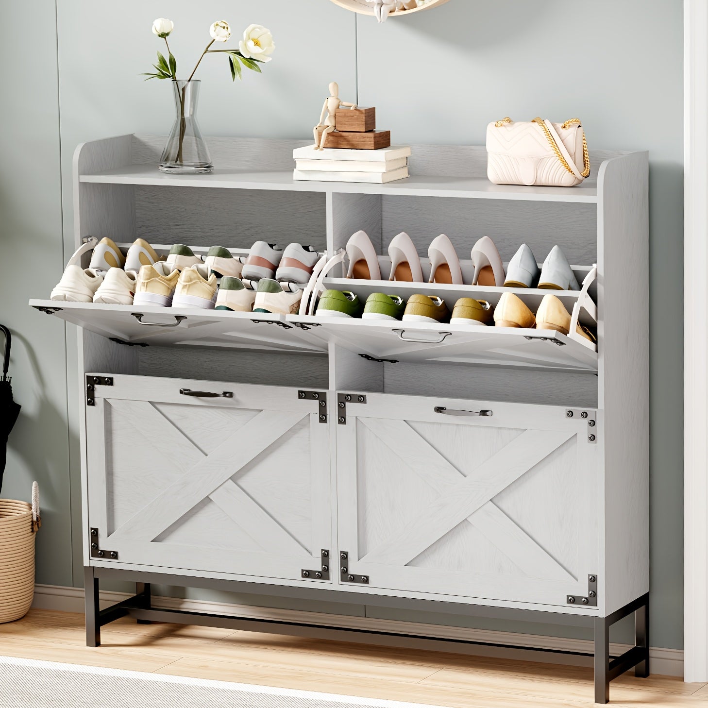 Shoe Storage, Shoe Racks, Shoe Storage Organizer, Cabinet with Doors, Compact Shoe Organizer with 2 Flip Drawers, for Entryway\u002FPorch\u002FLiving Room, Multiple Detachable Sturdy Racks, Perfect Holiday Gift for Home Organization