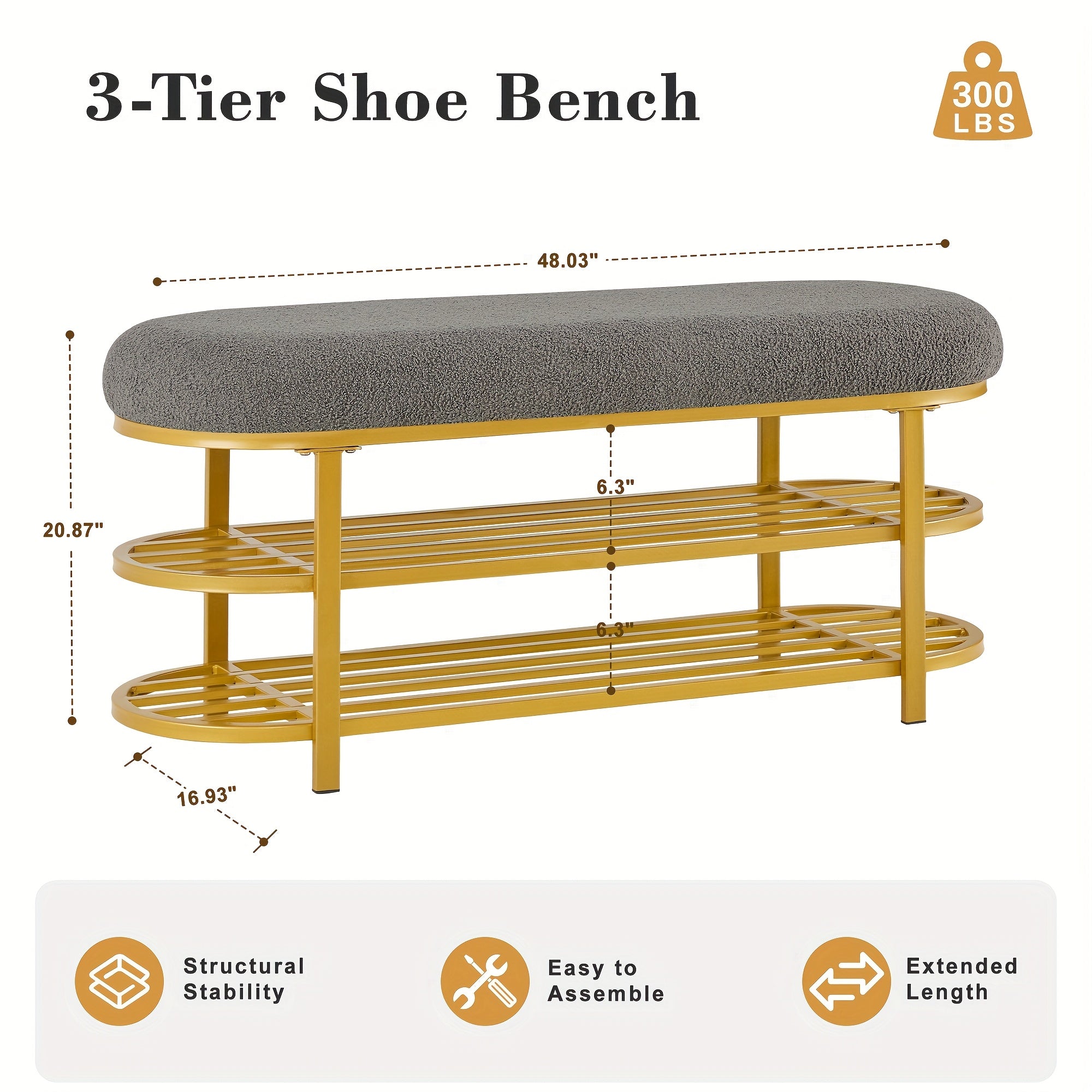 48” Shoe Rack Bench with Seat - 2-Tier & 3-Tier Storage Entryway Furniture, Padded Mid-Century Modern Bench for Hallway, Foyer, Doorway, Compact Shoe Cabinet with Cushioned Seat (No Wood, Easy Assembly)