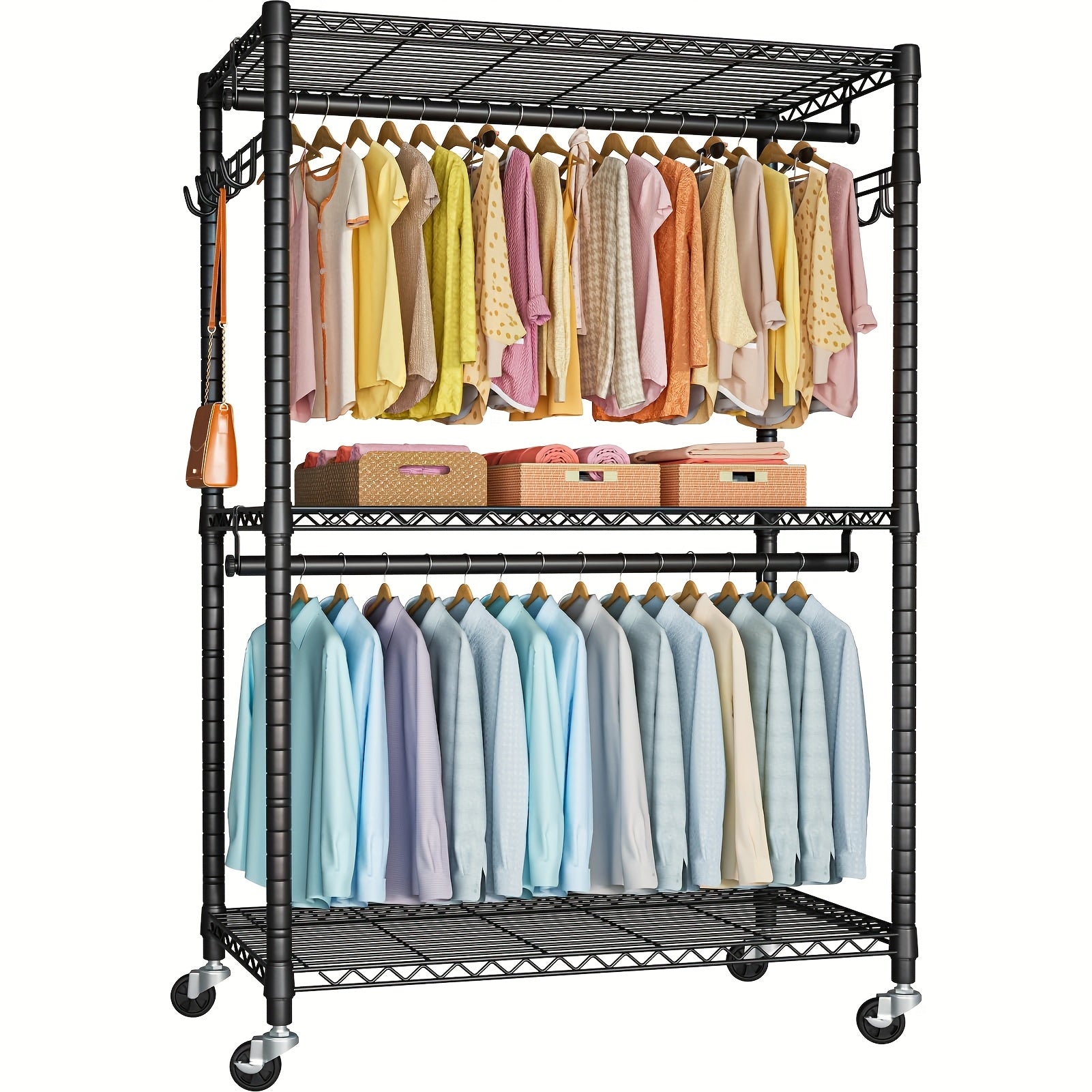 Rolling Closet Rack Heavy Duty Steel, 3-Tier 450lbs Capacity Garment Organizer, 35.4\