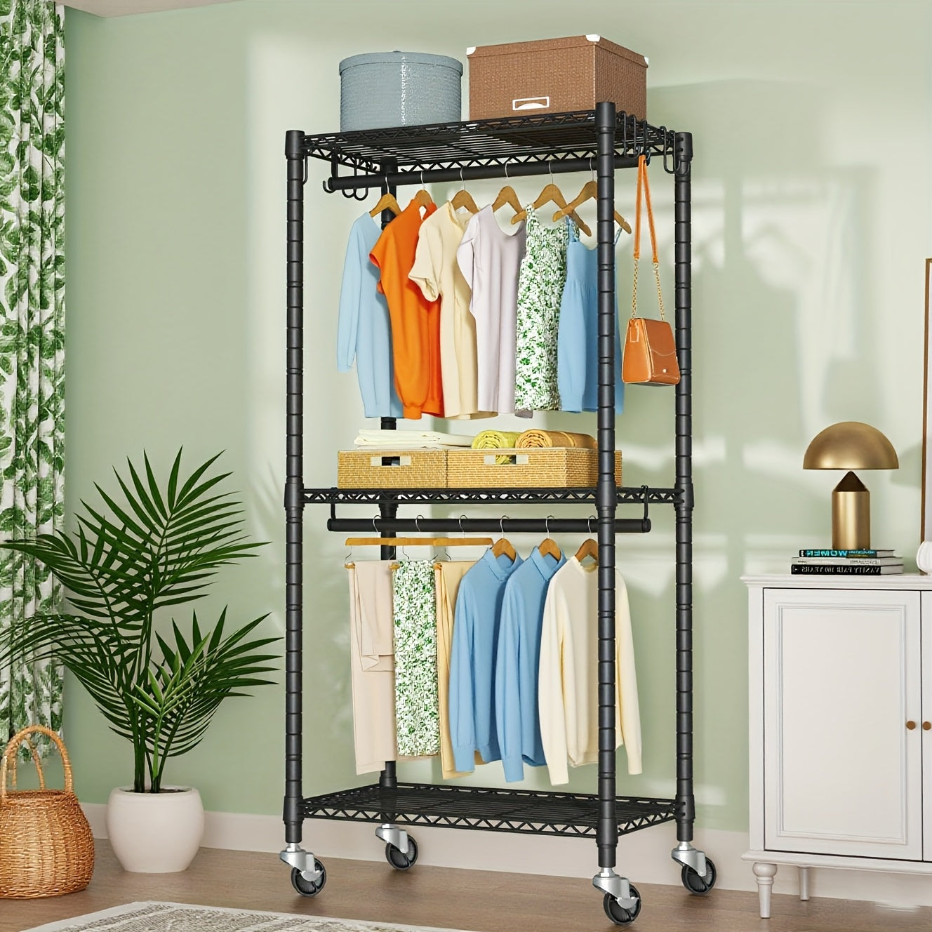 Portable Rolling Wardrobe, 3-Tier Carbon Steel Clothing Storage Rack, Featuring Double Hanging Rods, Side Hooks, And 4 Wheels (2 with Locks), with a Large Capacity Supporting Up to 450 Pounds.