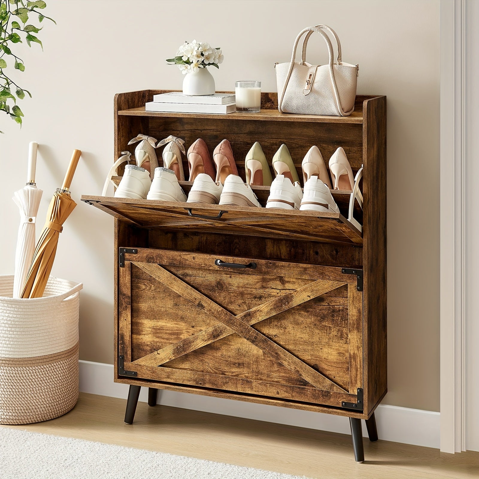 Shoe Storage, Shoe Racks, Shoe Storage Organizer, Cabinet with Doors, Compact Shoe Organizer with 2 Flip Drawers, for Entryway\u002FPorch\u002FLiving Room, Multiple Detachable Sturdy Racks, Perfect Holiday Gift for Home Organization