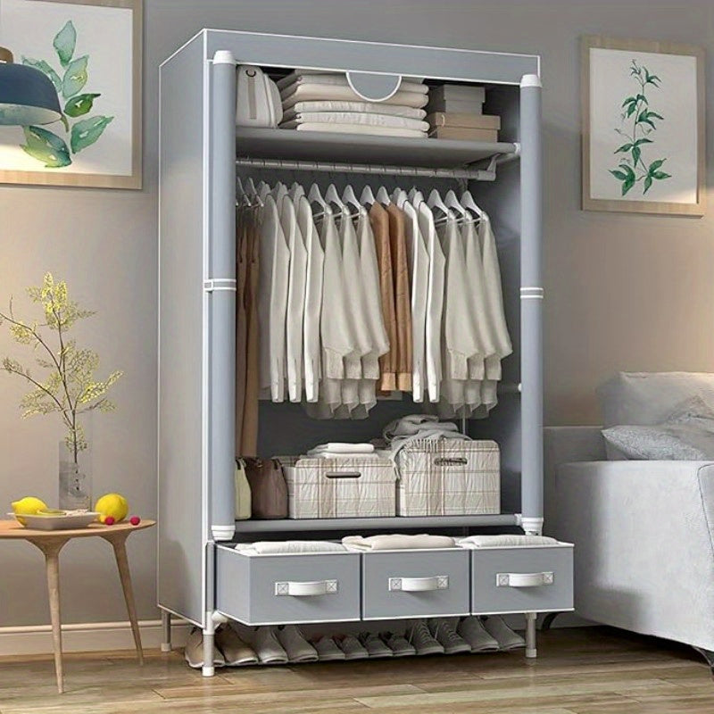 Portable Rolling Door Wardrobe with Hanging Rack & 3-Drawer Storage - Heavy-Duty Freestanding Cloth Cabinet Suitable for Small Spaces, No-Tool Assembly, Compact Mobile Closet (35.4” L X 17.7” W X 67” H), Portable Closets