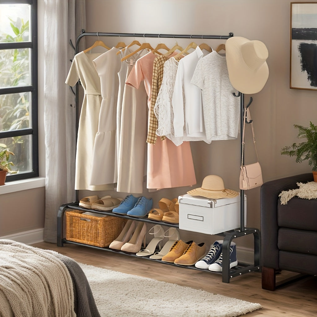 1pc Double-Layer Freestanding Clothes Hanger, Clothes Organizer Storage, Shoe Storage Organizer, Home Decor And Accessories, Saves Space, With Top Rod, Lower Storage And 6 Hooks, Father'S Day