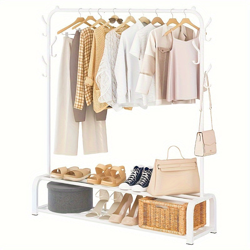 1pc Double-Layer Freestanding Clothes Hanger, Clothes Organizer Storage, Shoe Storage Organizer, Home Decor And Accessories, Saves Space, With Top Rod, Lower Storage And 6 Hooks, Father'S Day