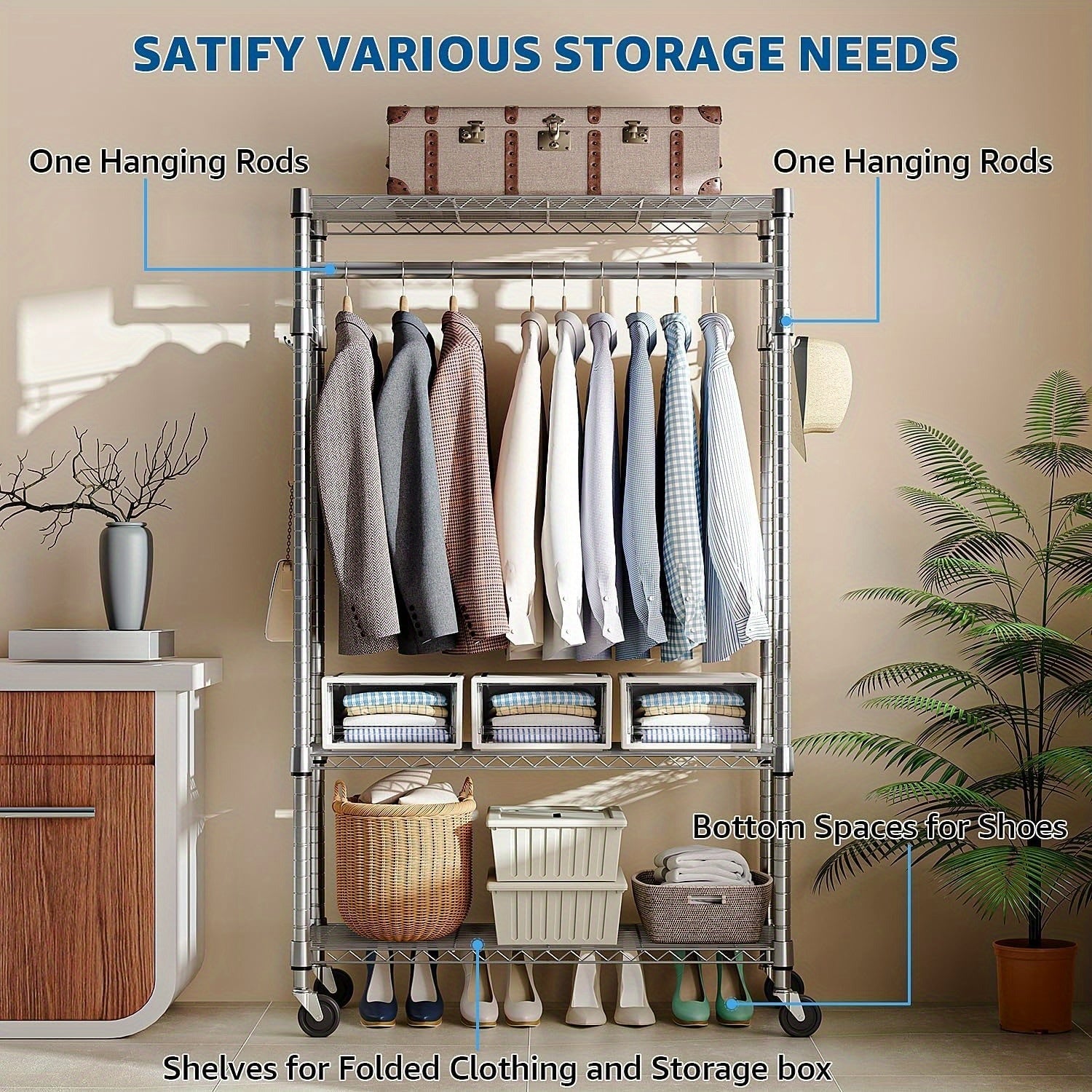 MZG Heavy Duty Rolling Garment Racks 3 Tiers Adjustable Wire Shelving Clothes Rack with Rods and Side Hooks, Storage Closet Clothing Rack with Wheels 15.7\