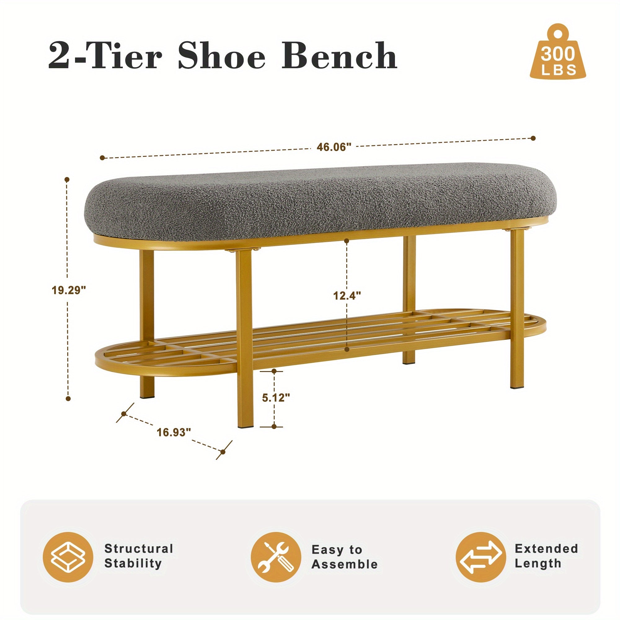 48” Shoe Rack Bench with Seat - 2-Tier & 3-Tier Storage Entryway Furniture, Padded Mid-Century Modern Bench for Hallway, Foyer, Doorway, Compact Shoe Cabinet with Cushioned Seat (No Wood, Easy Assembly)