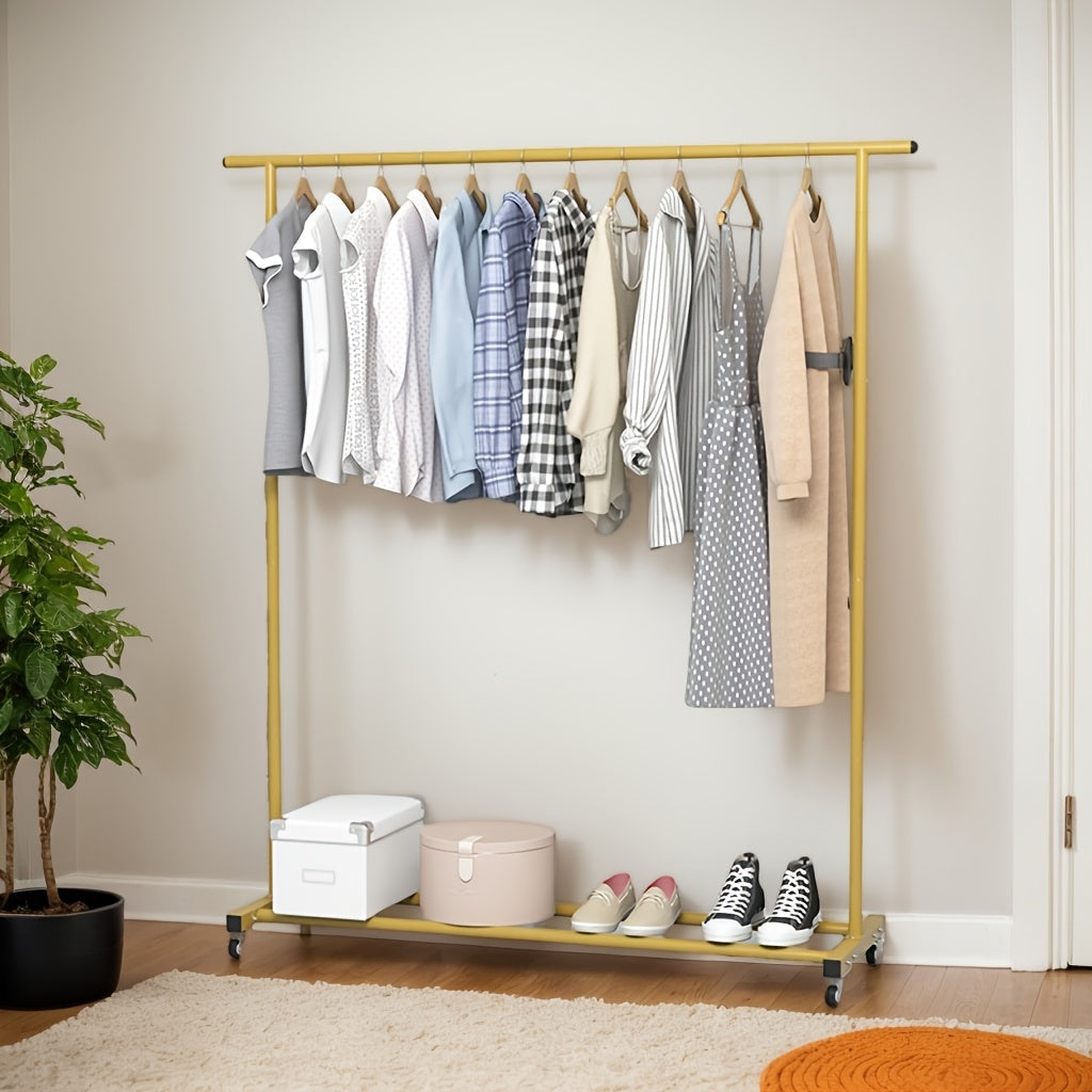 1pc Double-Layer Freestanding Clothes Hanger, Clothes Organizer Storage, Shoe Storage Organizer, Home Decor And Accessories, Saves Space, With Top Rod, Lower Storage And 6 Hooks, Father'S Day