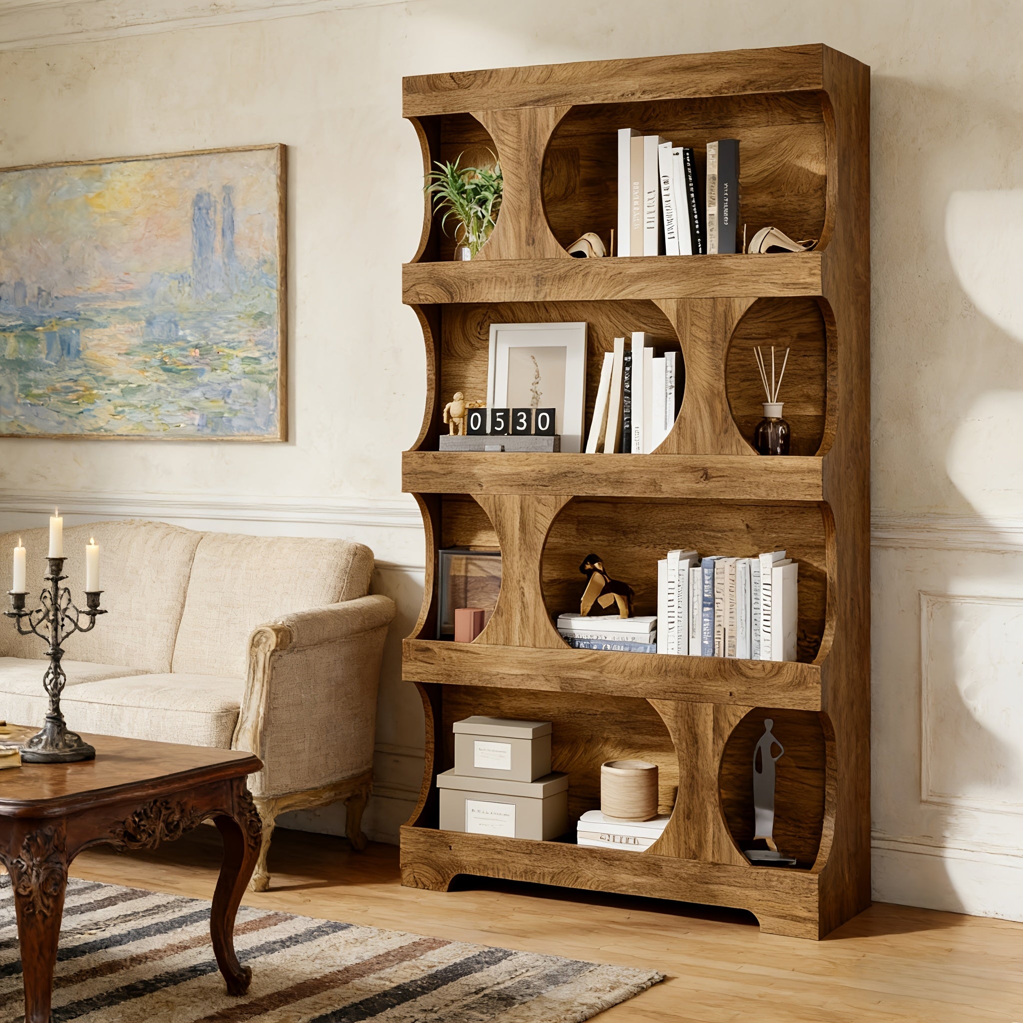 Artistic Curved Multi-Layer Bookshelf | Dual-Use Storage Shelf for Office & Home | Multi-Functional Organizer Display Rack | Brown Hardwood, 4 Shelves, Painted End, Floor Mount