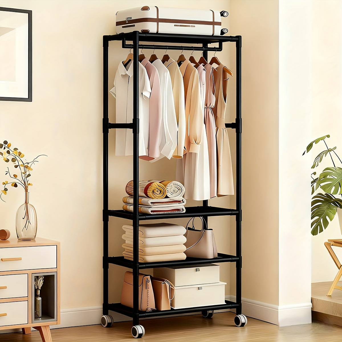 Portable Wardrobe - Multi-functional Design with Hooks, Wheels, And Reinforced Metal Frame. Black Portable Wardrobe with Universal Wheels, Suitable for Temporary Clothing Storage In Bedrooms And Space Utilization for Renters., Portable Closets