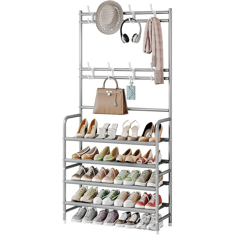 SUOERNUO 4-Tier Heavy-Duty Metal Entryway Coat Rack & Shoe Rack with 8 Hooks & Storage Shelf - Freestanding Sturdy Organizer with Spacious Shelves, Space-Saving Vertical Design for Hallway, Bedroom, Closet - Easy Assembly, Modern Finish, Standing