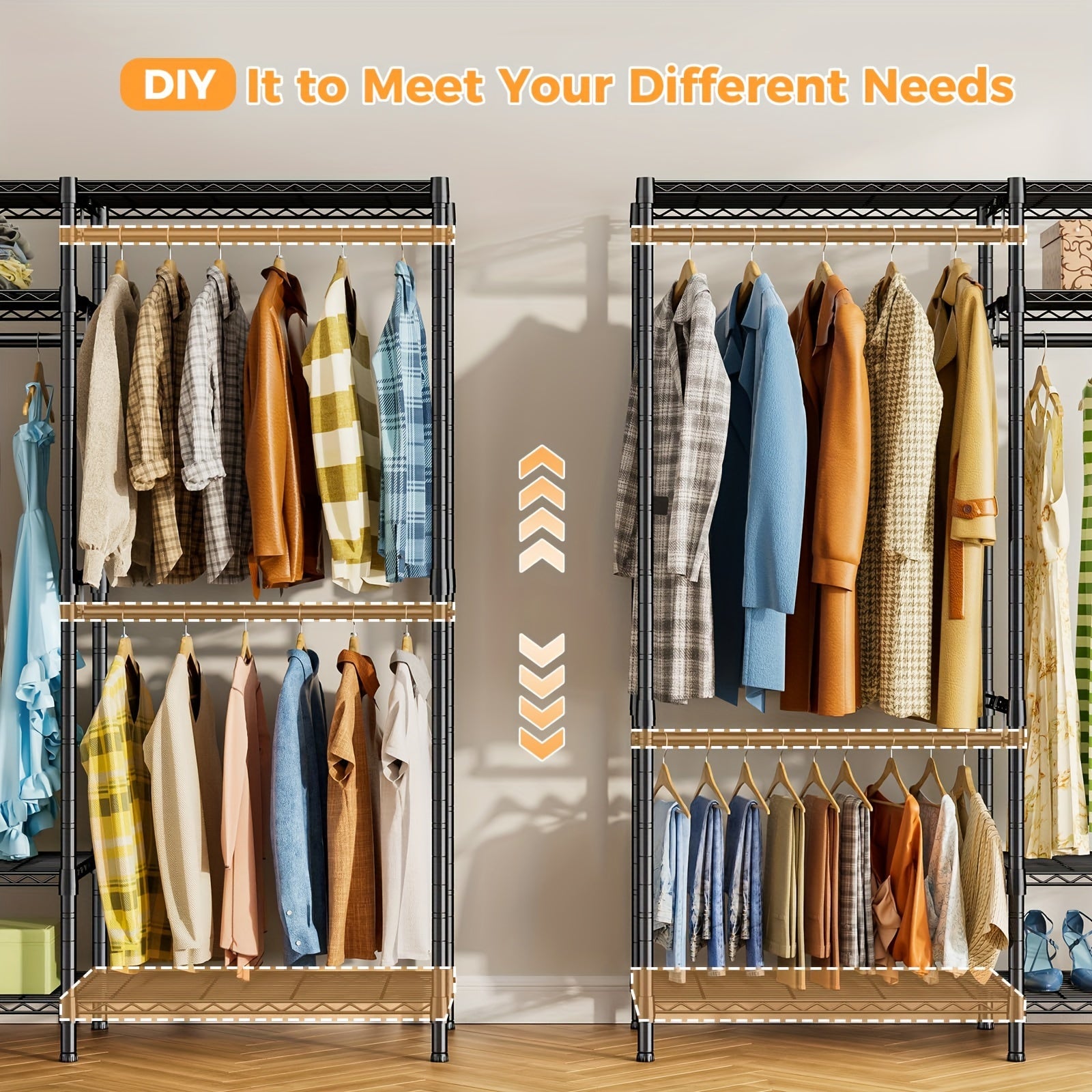 Garment Rack with Closet Organizers And Storage Shelves, Commercial Grade 4-Tier Wire Shelving Clothing Rack with Shoe Rack And 3 Closet Rods, Freestanding Wardrobe Closet for Hanging Clothes, Max Load 700LBS, Ideal for Apartments, Laundry Room