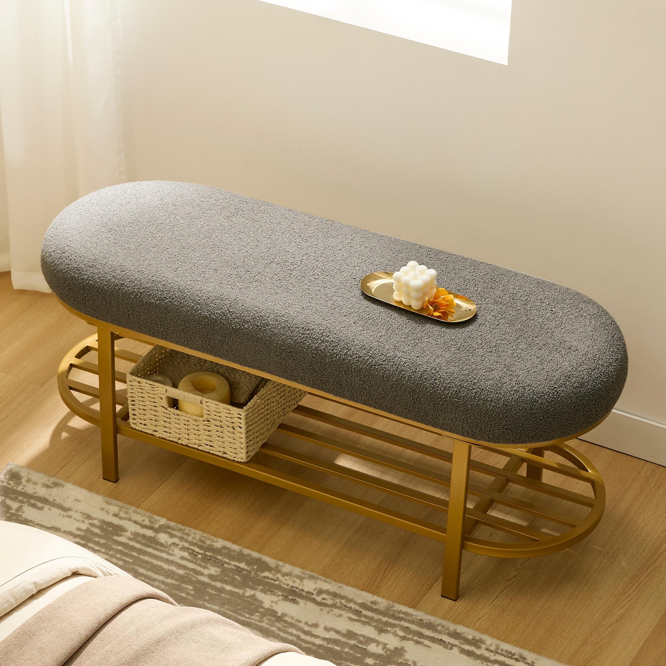 48” Shoe Rack Bench with Seat - 2-Tier & 3-Tier Storage Entryway Furniture, Padded Mid-Century Modern Bench for Hallway, Foyer, Doorway, Compact Shoe Cabinet with Cushioned Seat (No Wood, Easy Assembly)