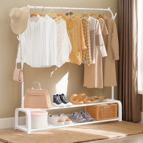 1pc Double-Layer Freestanding Clothes Hanger, Clothes Organizer Storage, Shoe Storage Organizer, Home Decor And Accessories, Saves Space, With Top Rod, Lower Storage And 6 Hooks, Father'S Day