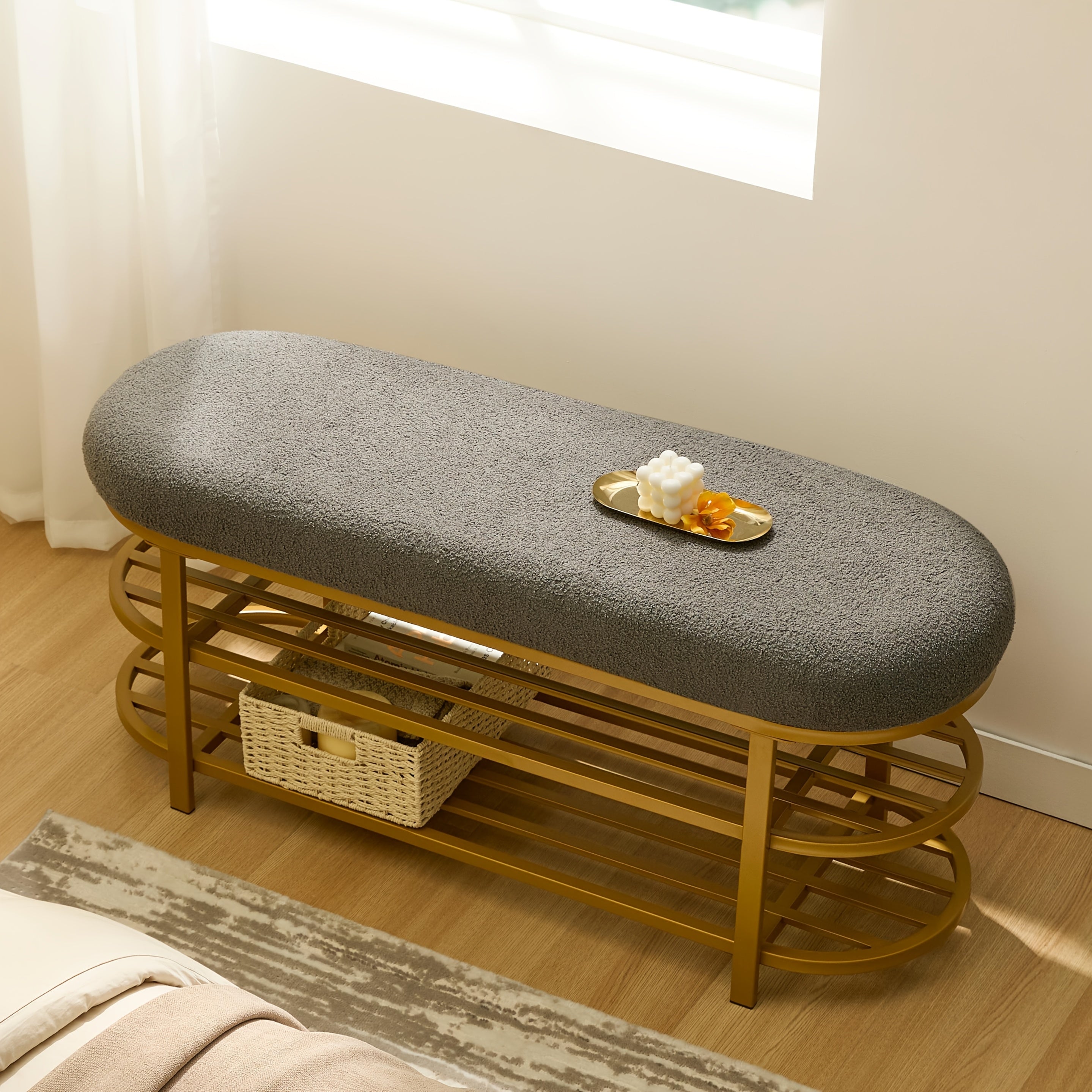 48” Shoe Rack Bench with Seat - 2-Tier & 3-Tier Storage Entryway Furniture, Padded Mid-Century Modern Bench for Hallway, Foyer, Doorway, Compact Shoe Cabinet with Cushioned Seat (No Wood, Easy Assembly)