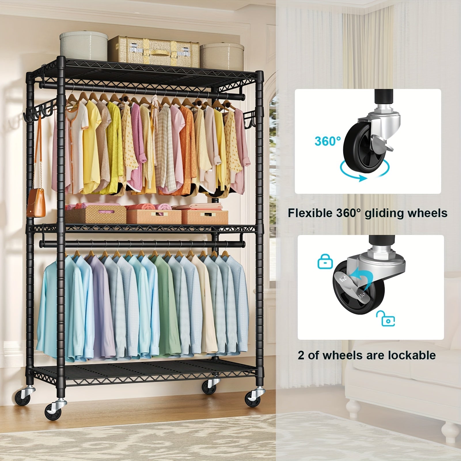 Rolling Closet Rack Heavy Duty Steel, 3-Tier 450lbs Capacity Garment Organizer, 35.4\