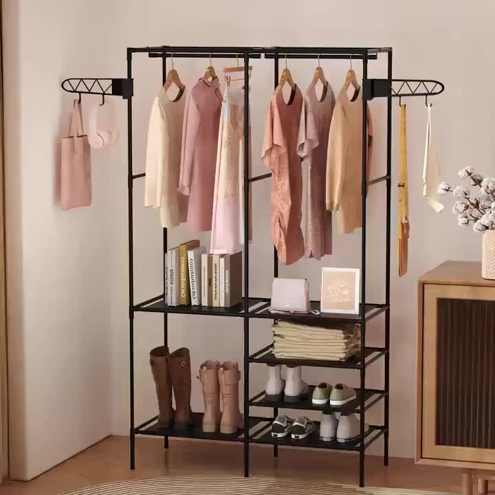 Portable Wardrobe - Multi-functional Design with Hooks, Wheels, And Reinforced Metal Frame. Black Portable Wardrobe with Universal Wheels, Suitable for Temporary Clothing Storage In Bedrooms And Space Utilization for Renters., Portable Closets