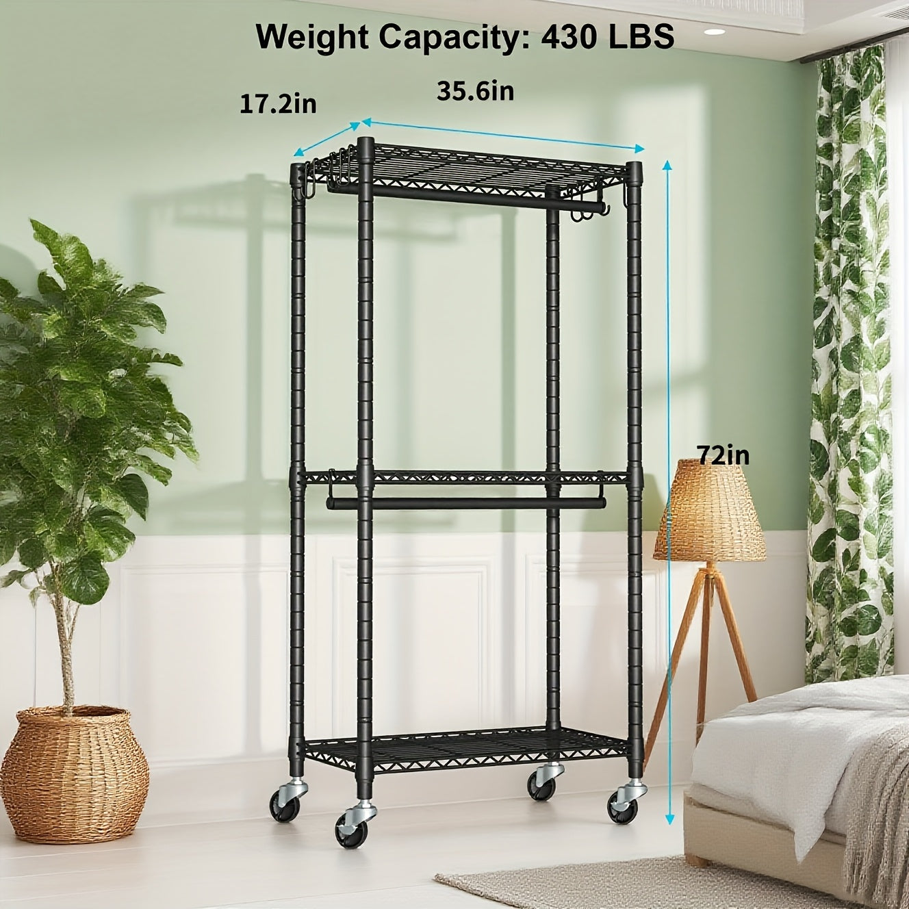 Portable Rolling Wardrobe, 3-Tier Carbon Steel Clothing Storage Rack, Featuring Double Hanging Rods, Side Hooks, And 4 Wheels (2 with Locks), with a Large Capacity Supporting Up to 450 Pounds.