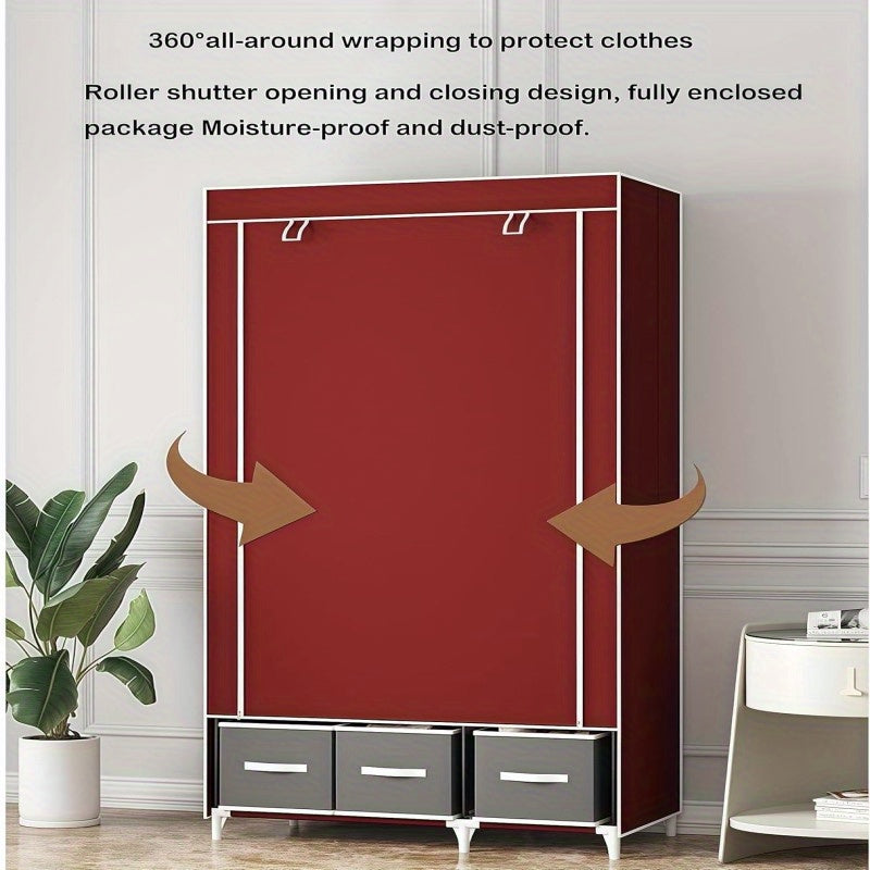 Portable Rolling Door Wardrobe with Hanging Rack & 3-Drawer Storage - Heavy-Duty Freestanding Cloth Cabinet Suitable for Small Spaces, No-Tool Assembly, Compact Mobile Closet (35.4” L X 17.7” W X 67” H), Portable Closets