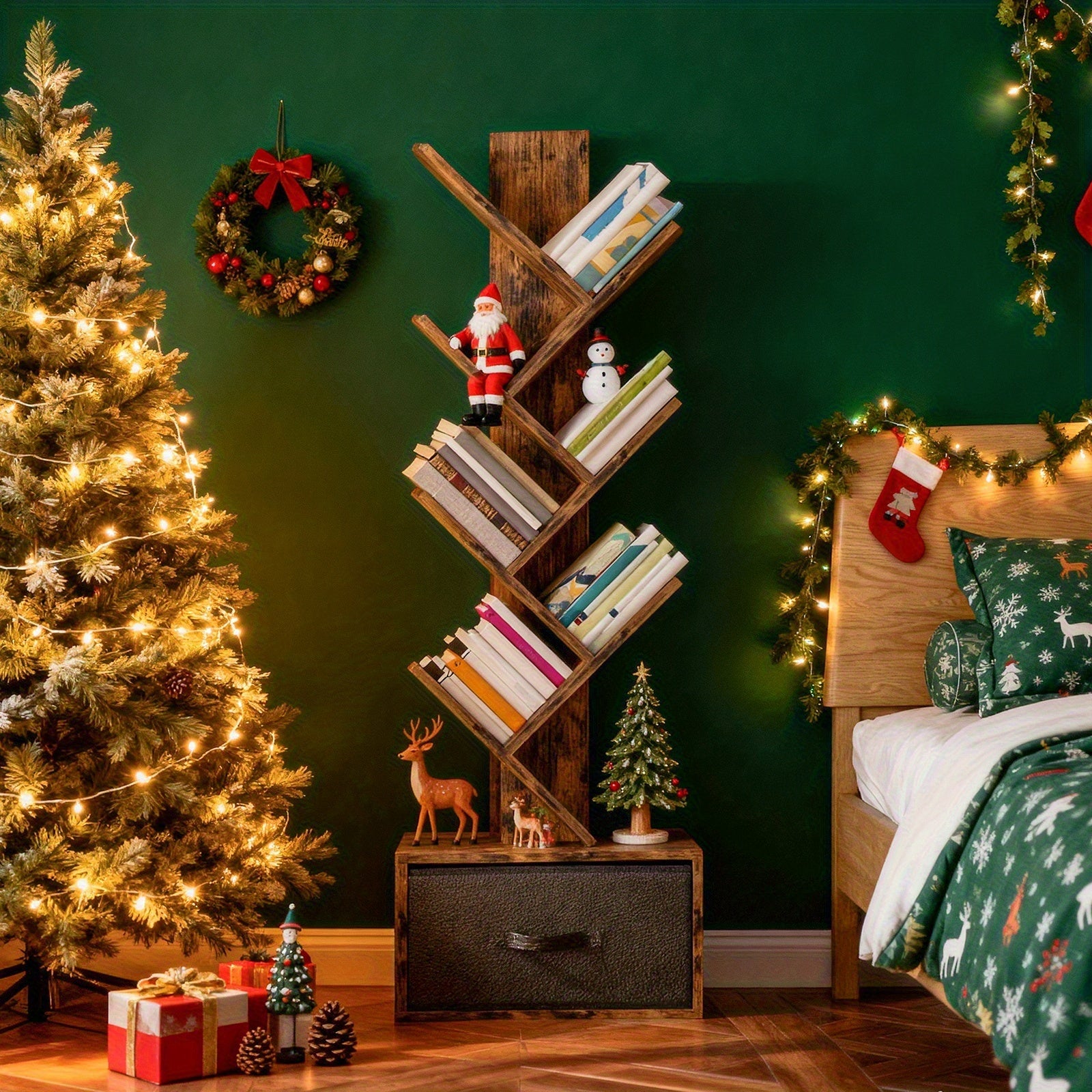 TOMNK 6-Tier Bookshelf Featuring a Drawer, Tree-Shaped Book Storage, Ideal for Organizing Cds, Movies, And Books, Rustic Brown Finish, Offers Excellent Stability And Longevity, Suitable for Living Rooms, Bedrooms, Home Decoration, Assembly
