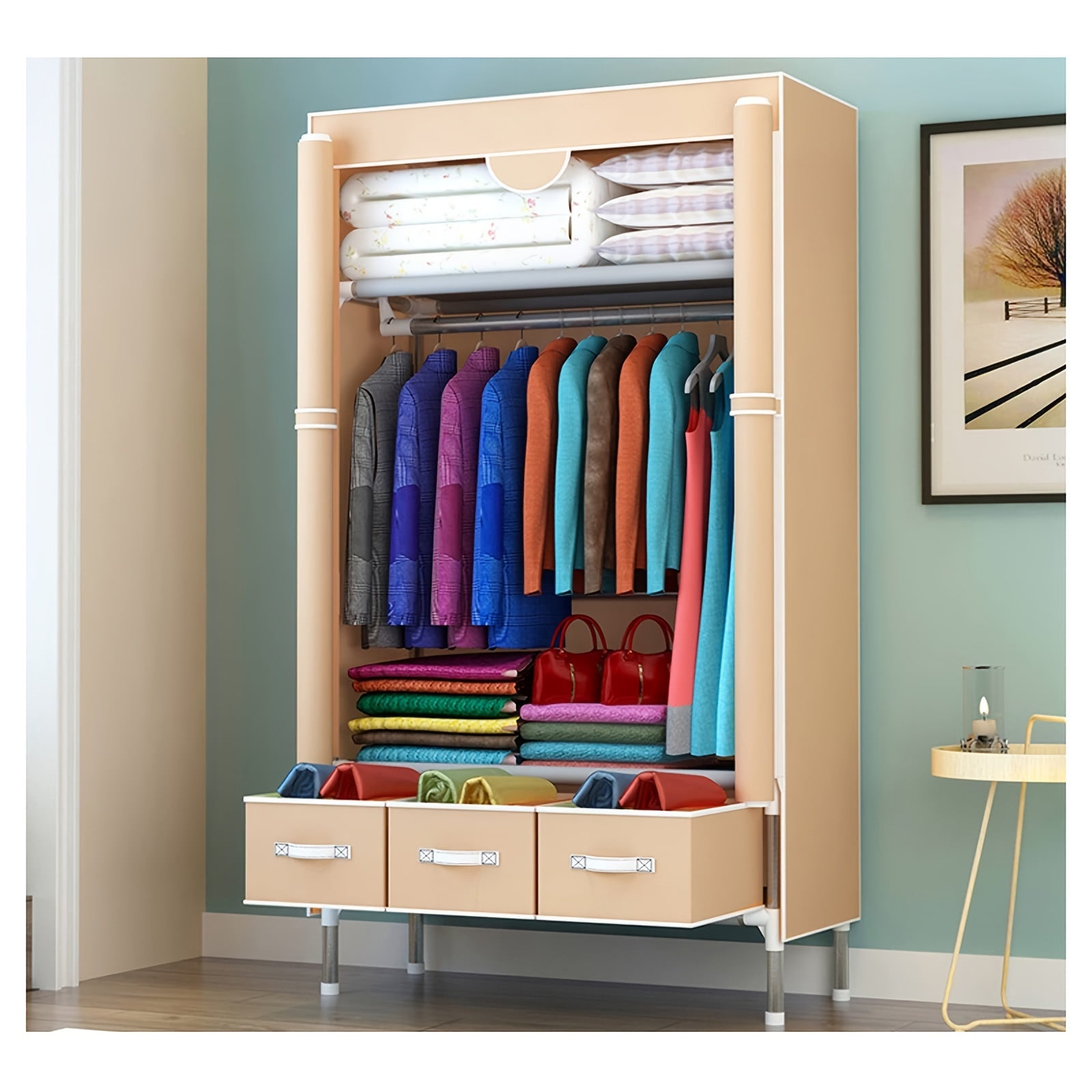 Portable Rolling Door Wardrobe with Hanging Rack & 3-Drawer Storage - Heavy-Duty Freestanding Cloth Cabinet Suitable for Small Spaces, No-Tool Assembly, Compact Mobile Closet (35.4” L X 17.7” W X 67” H), Portable Closets